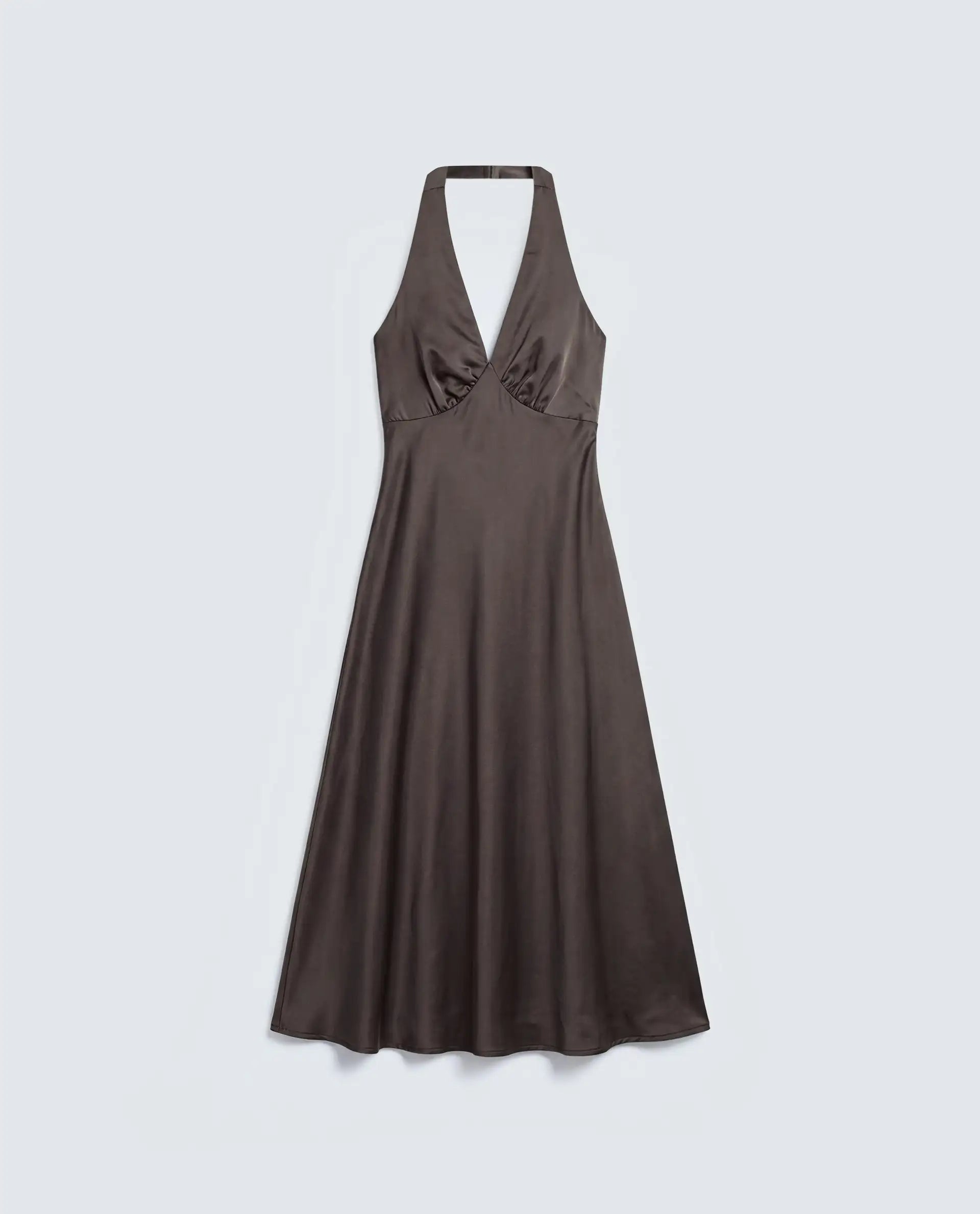 Rareism Women's Petin Brown Polyester V-Neck Elastic Fit And Flare Plain Sleeveless Dress