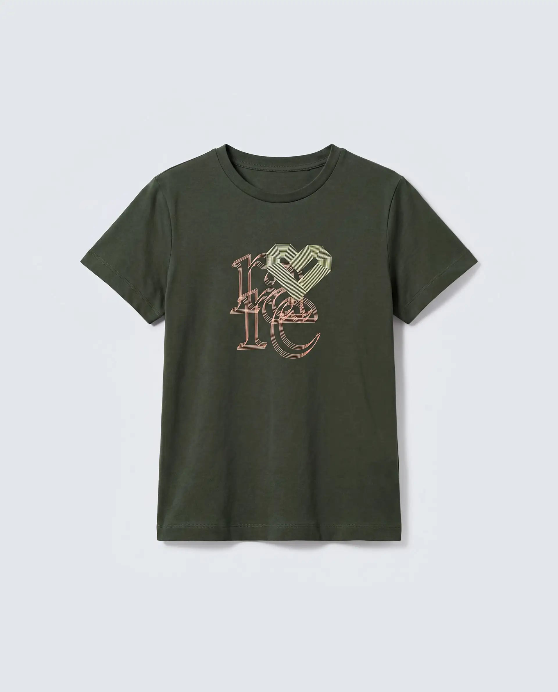 Rareism Women's Zera Olive Cotton Crew Neck Pull-On Regular Graphic Print T-Shirt