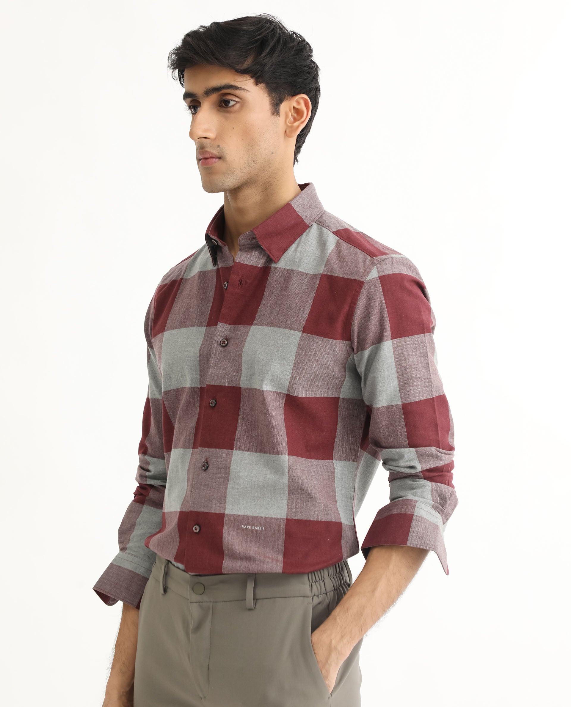 Rare Rabbit Men's Harter Maroon Cotton Fabric Full Sleeves Checks Shirt