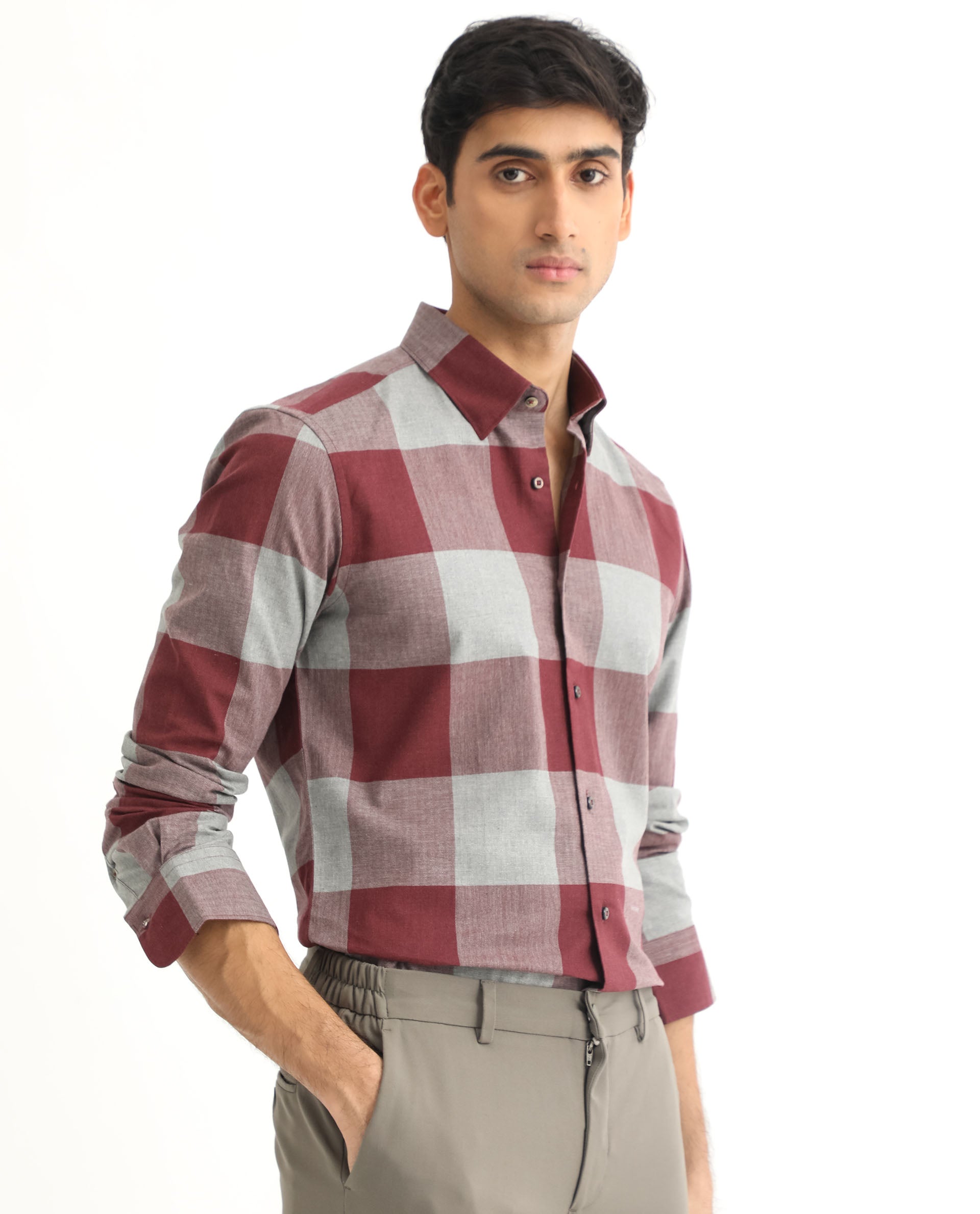 Rare Rabbit Men's Harter Maroon Cotton Fabric Full Sleeves Checks Shirt