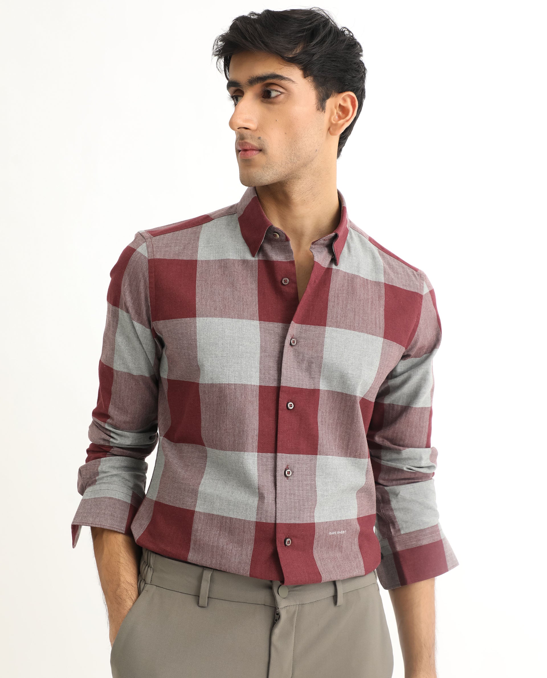 Rare Rabbit Men's Harter Maroon Cotton Fabric Full Sleeves Checks Shirt