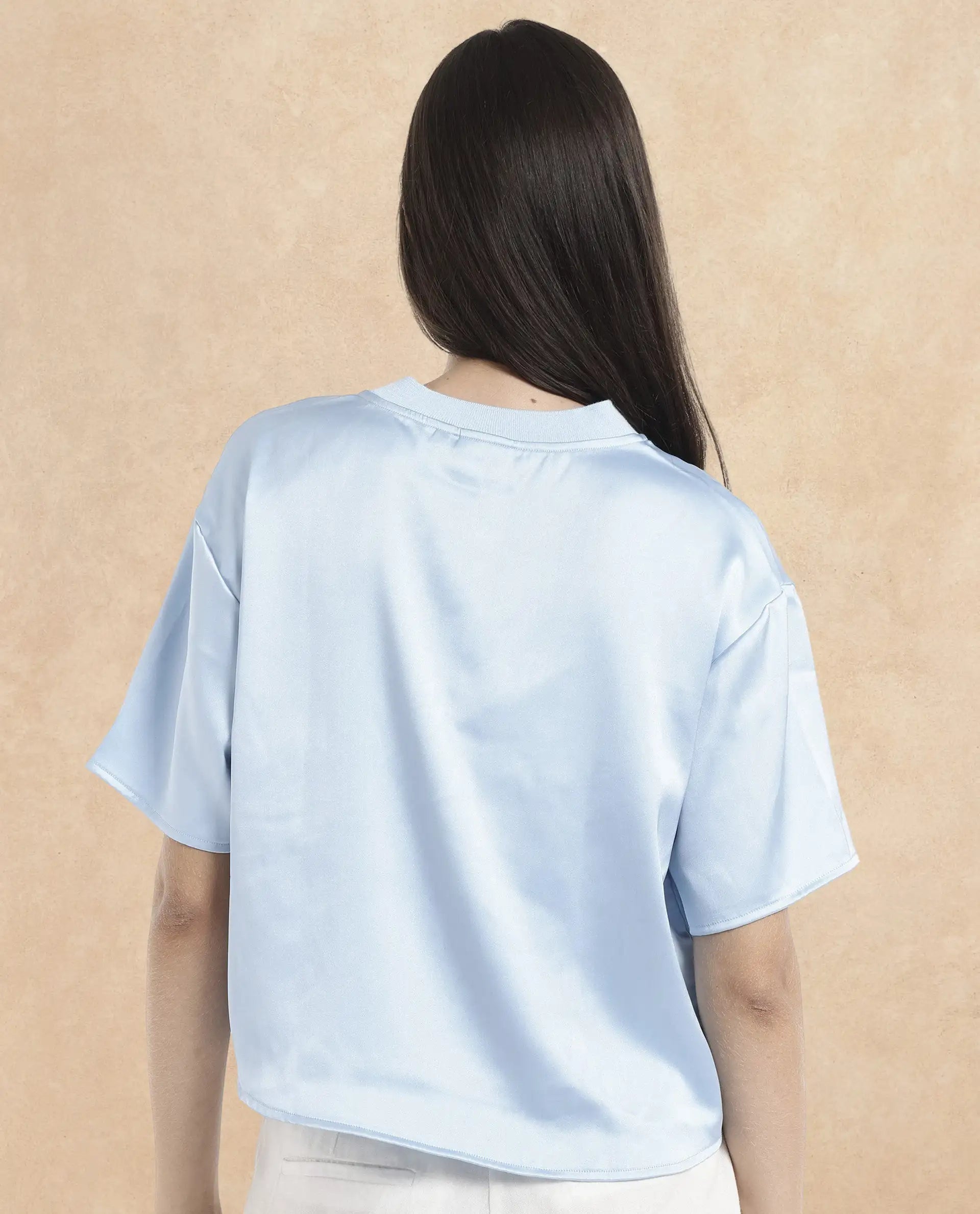 Rareism Women Haruno Light Blue Short Sleeve Ribbed Collar Boxy Fit Plain Top