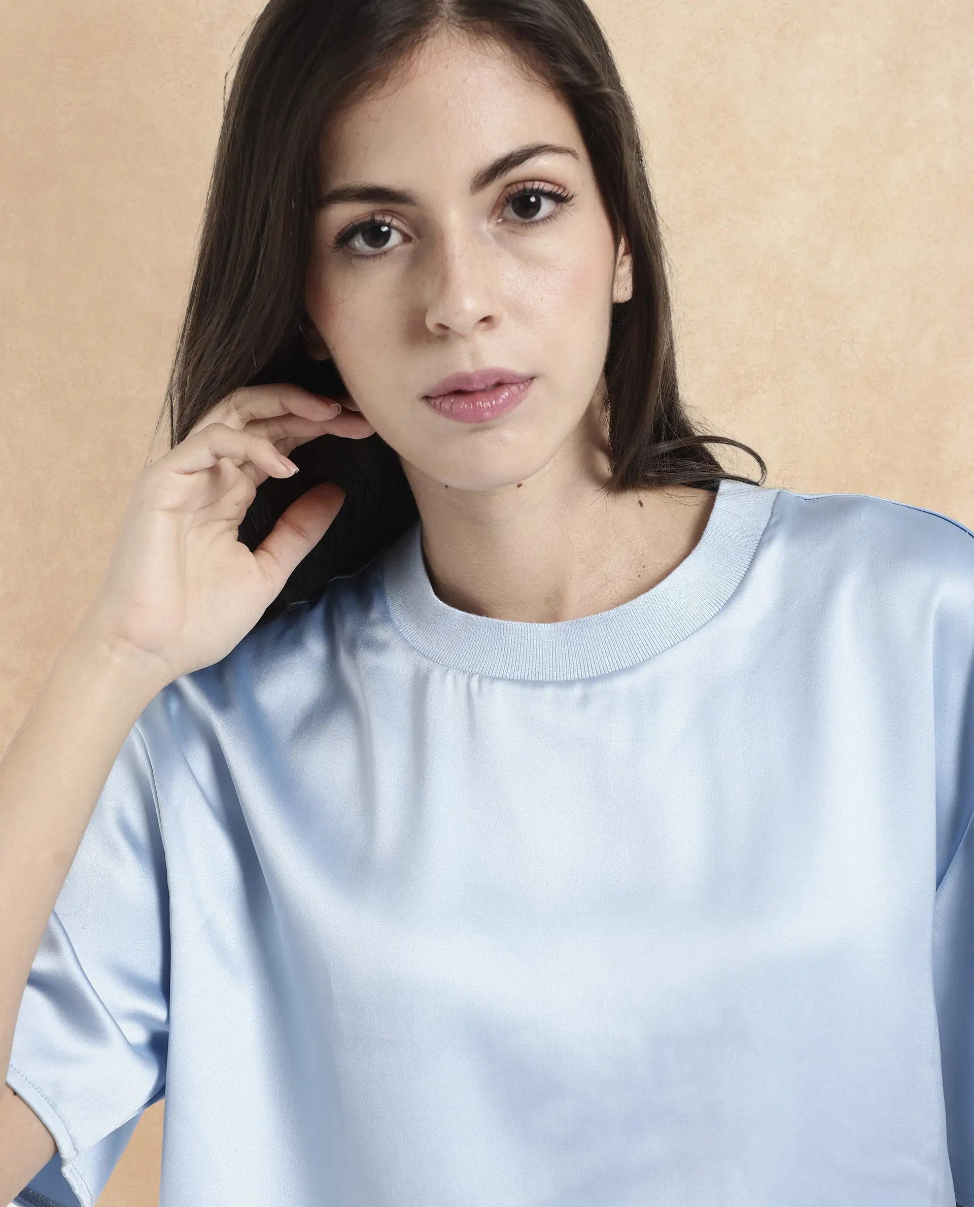 Rareism Women Haruno Light Blue Short Sleeve Ribbed Collar Boxy Fit Plain Top