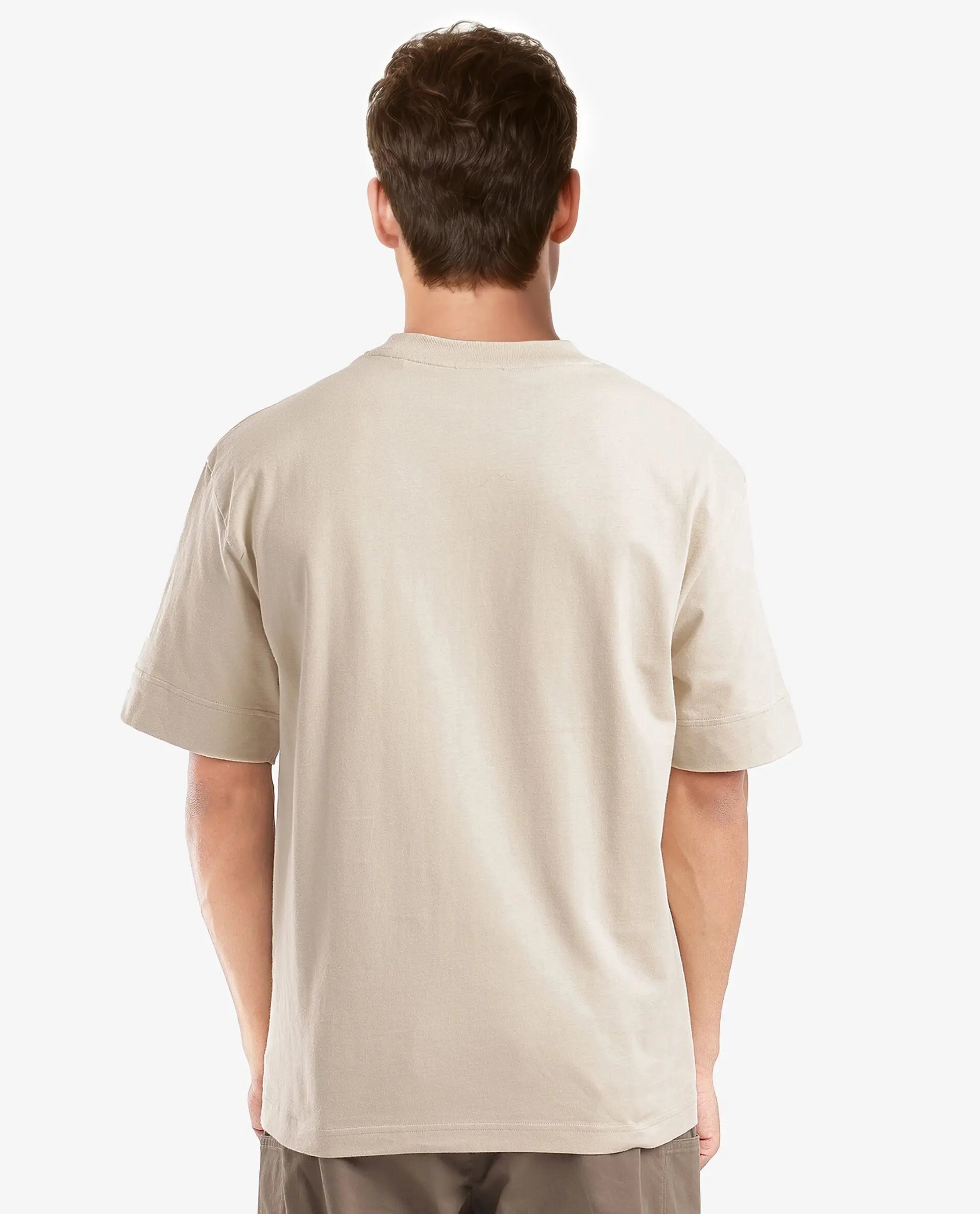 Rare Rabbit Men Harve Beige Cotton Fabric Short Sleeve Crew Neck Boxy Fit Branding Print T-Shirt