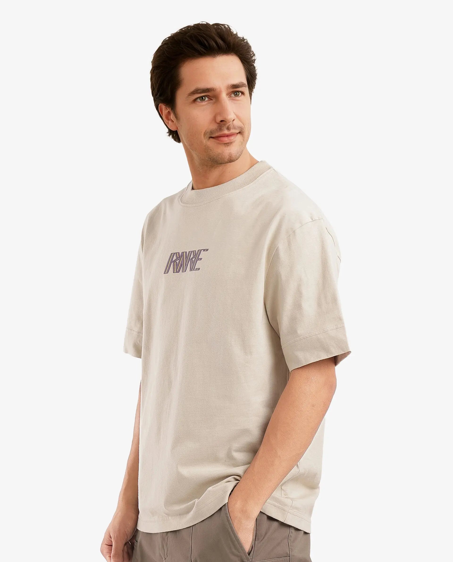 Rare Rabbit Men Harve Beige Cotton Fabric Short Sleeve Crew Neck Boxy Fit Branding Print T-Shirt