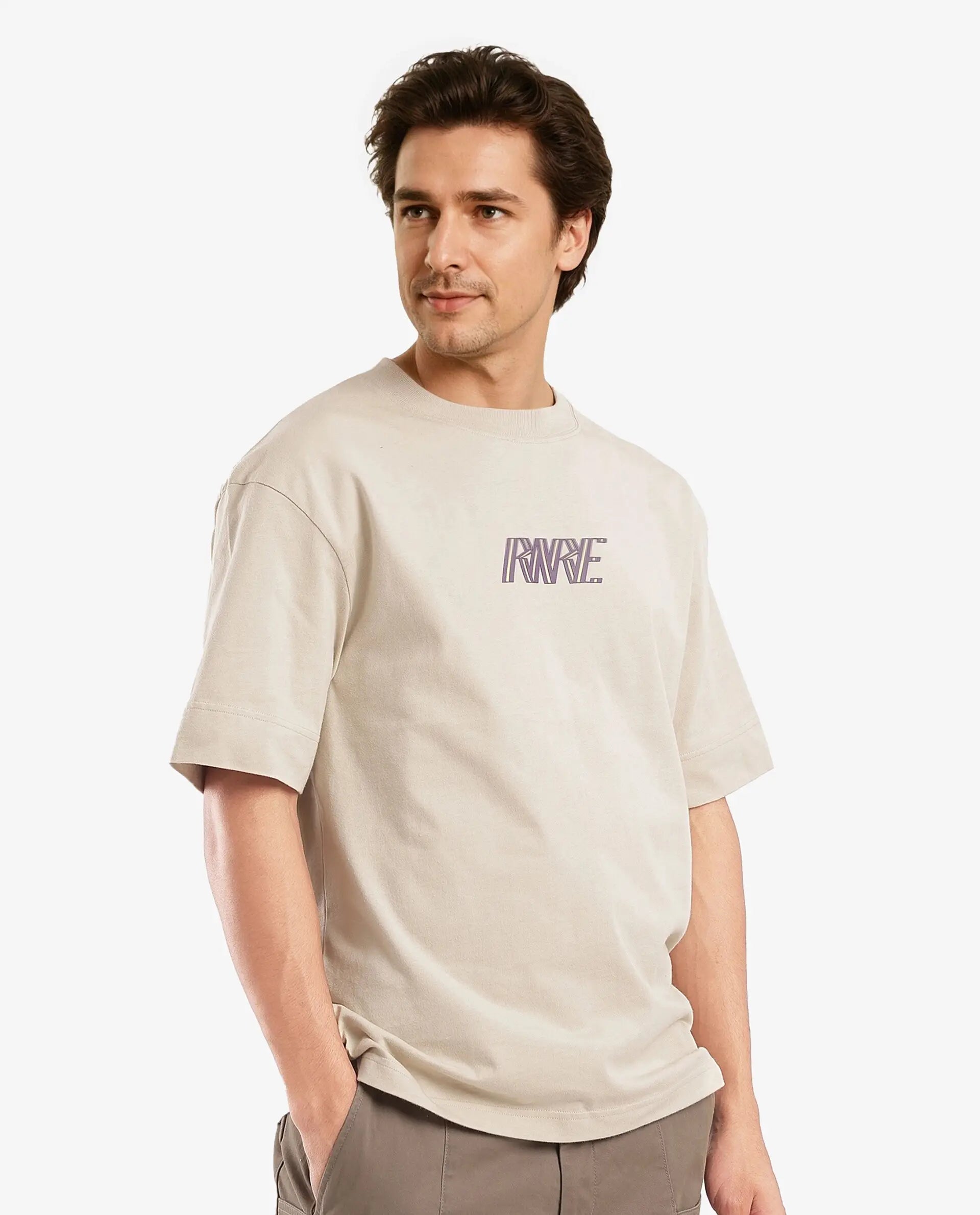 Rare Rabbit Men Harve Beige Cotton Fabric Short Sleeve Crew Neck Boxy Fit Branding Print T-Shirt