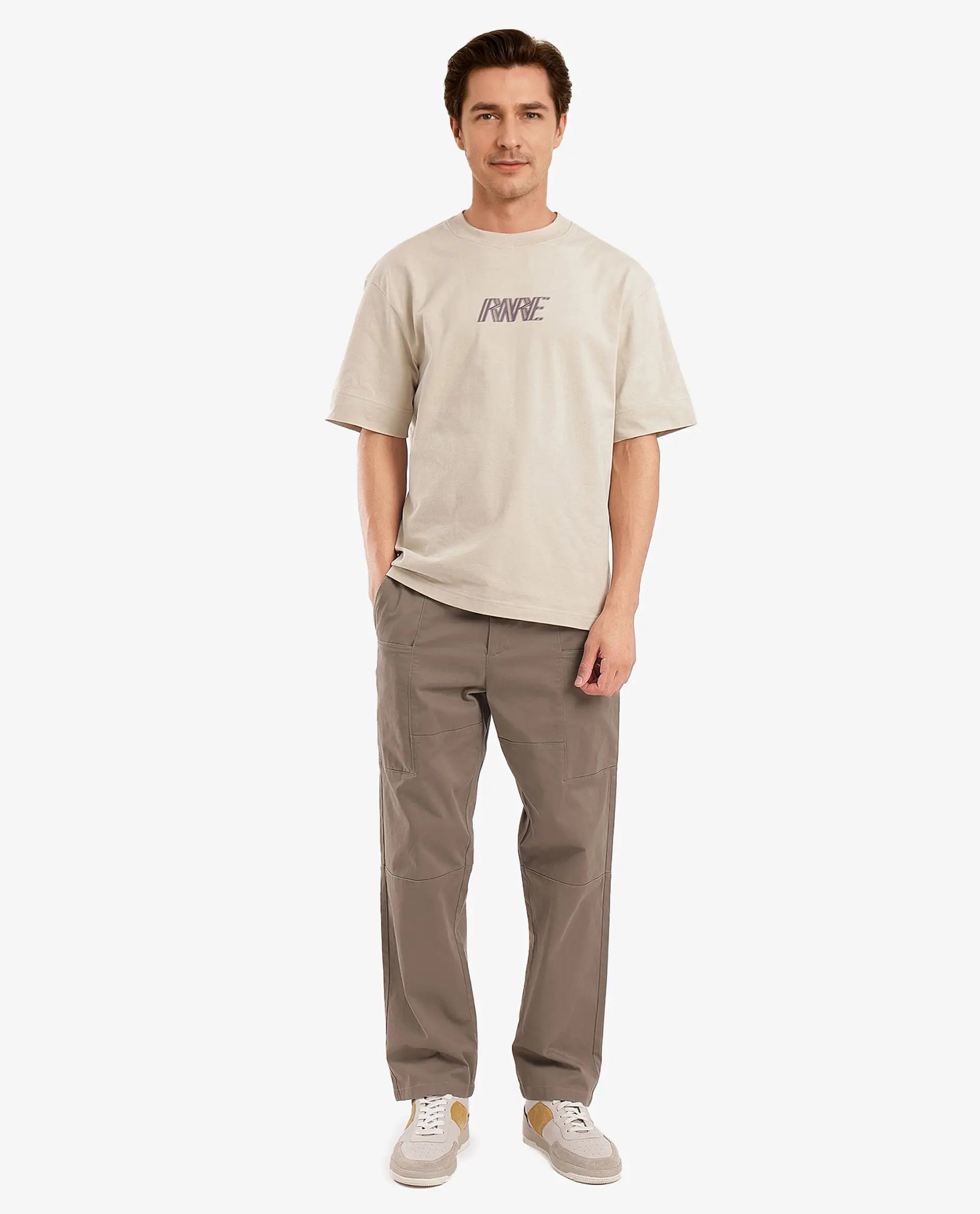 Rare Rabbit Men Harve Beige Cotton Fabric Short Sleeve Crew Neck Boxy Fit Branding Print T-Shirt