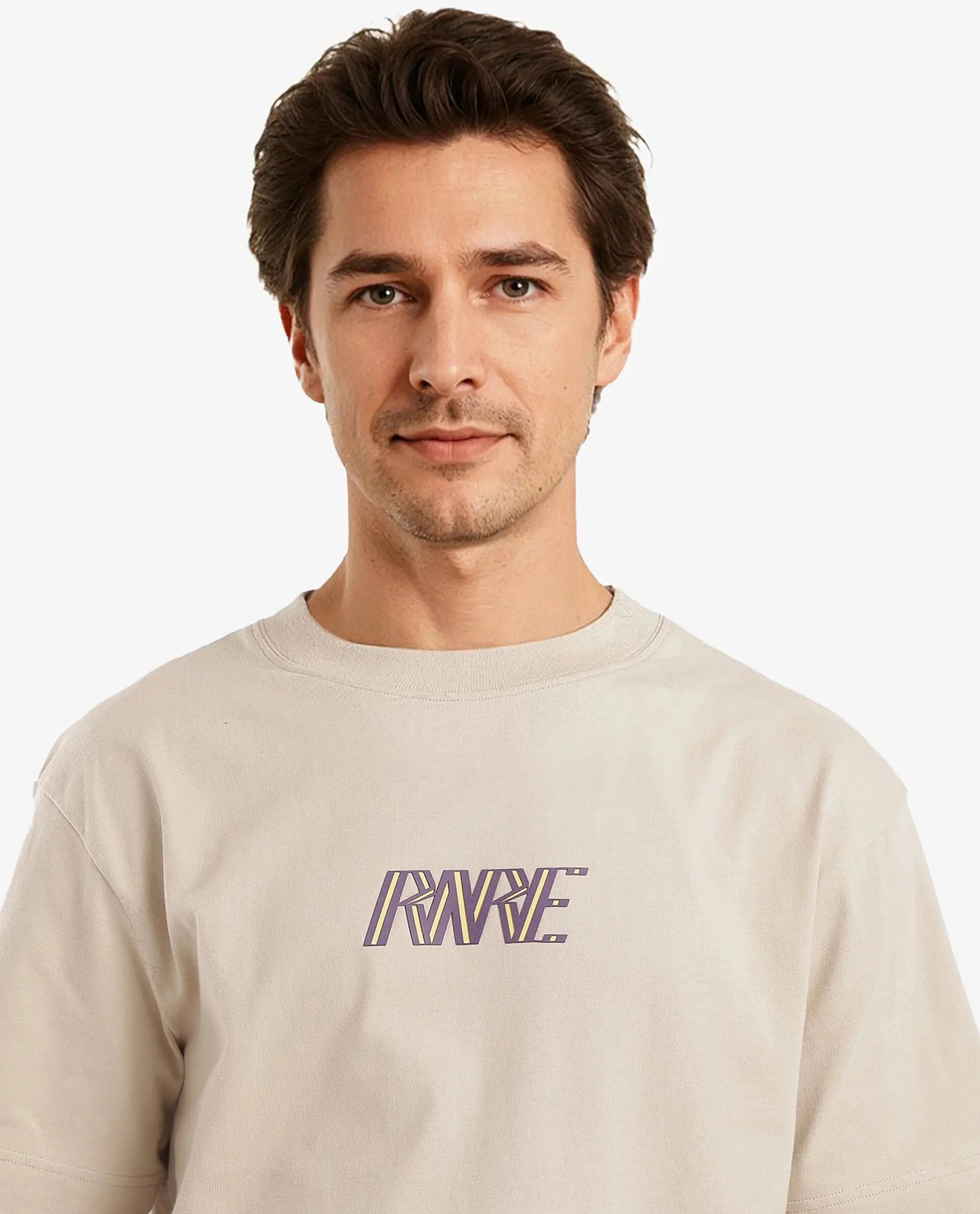 Rare Rabbit Men Harve Beige Cotton Fabric Short Sleeve Crew Neck Boxy Fit Branding Print T-Shirt