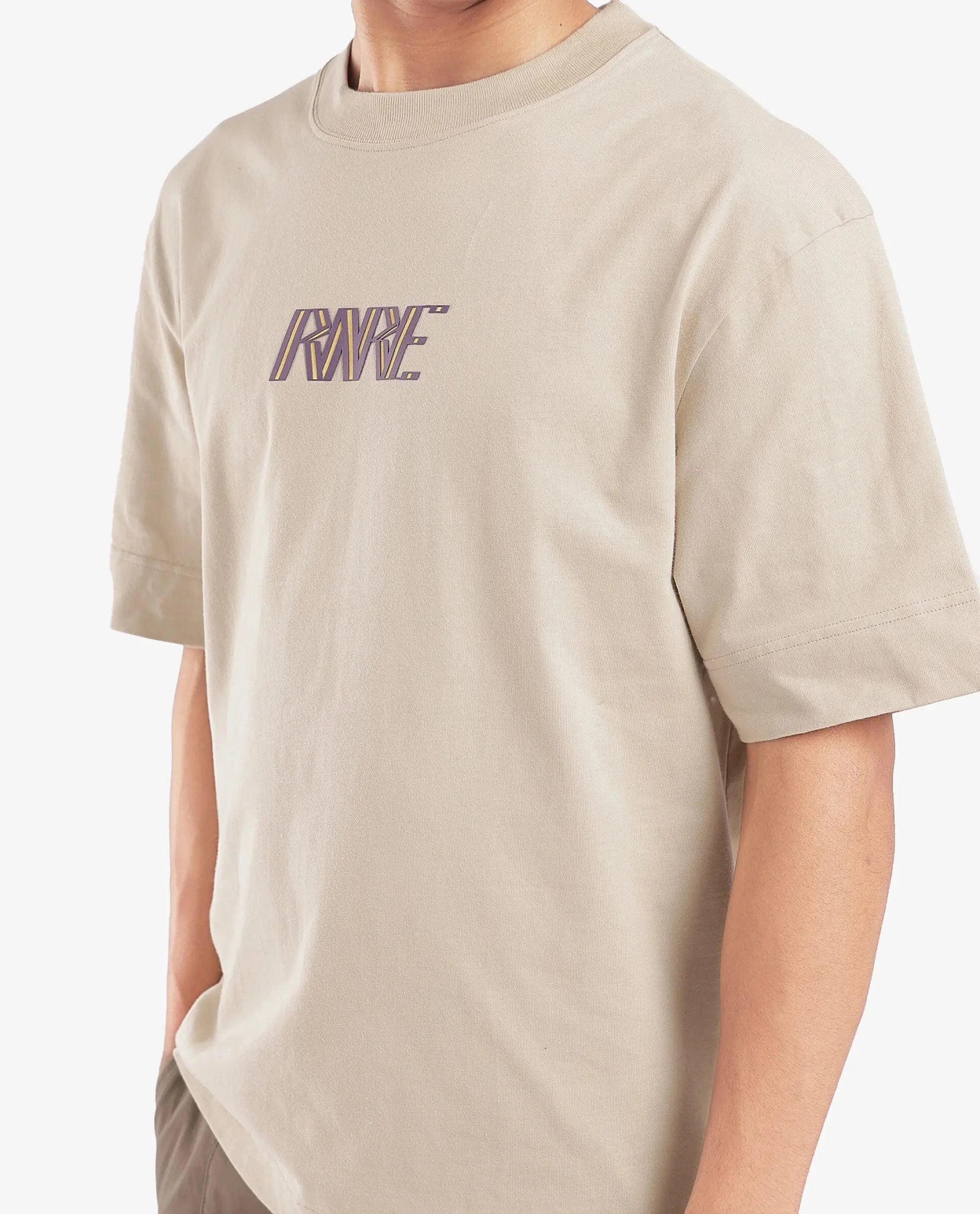 Rare Rabbit Men Harve Beige Cotton Fabric Short Sleeve Crew Neck Boxy Fit Branding Print T-Shirt