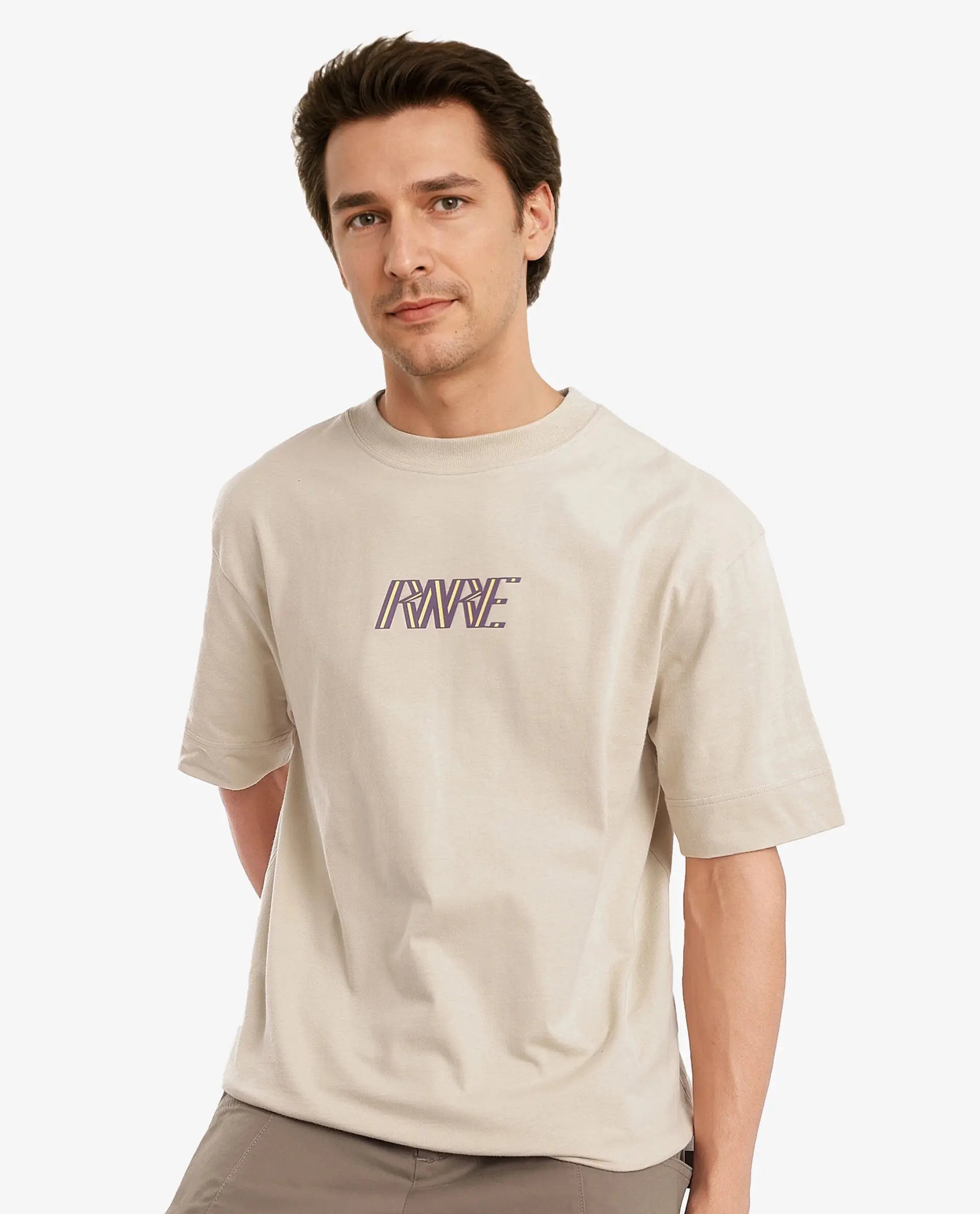 Rare Rabbit Men Harve Beige Cotton Fabric Short Sleeve Crew Neck Boxy Fit Branding Print T-Shirt