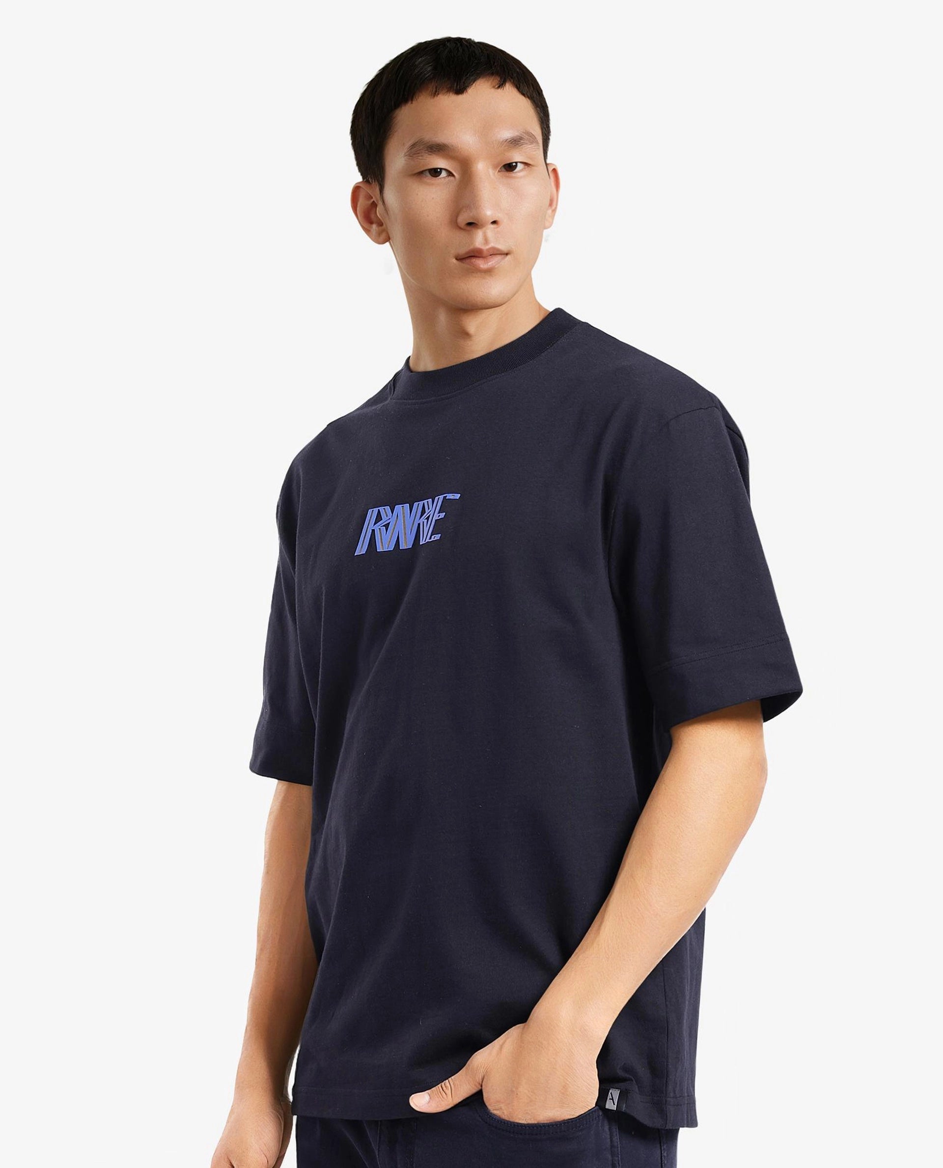 Rare Rabbit Men Harve Black Cotton Fabric Short Sleeve Crew Neck Boxy Fit Branding Print T-Shirt