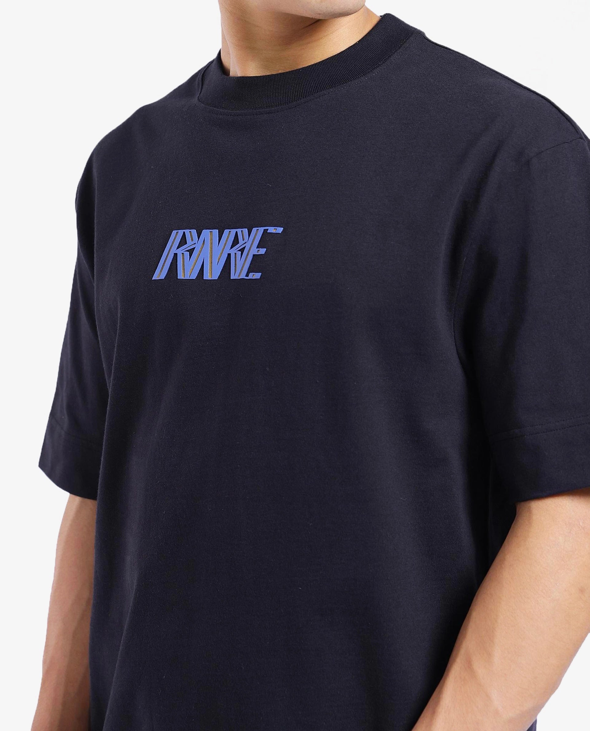 Rare Rabbit Men Harve Black Cotton Fabric Short Sleeve Crew Neck Boxy Fit Branding Print T-Shirt