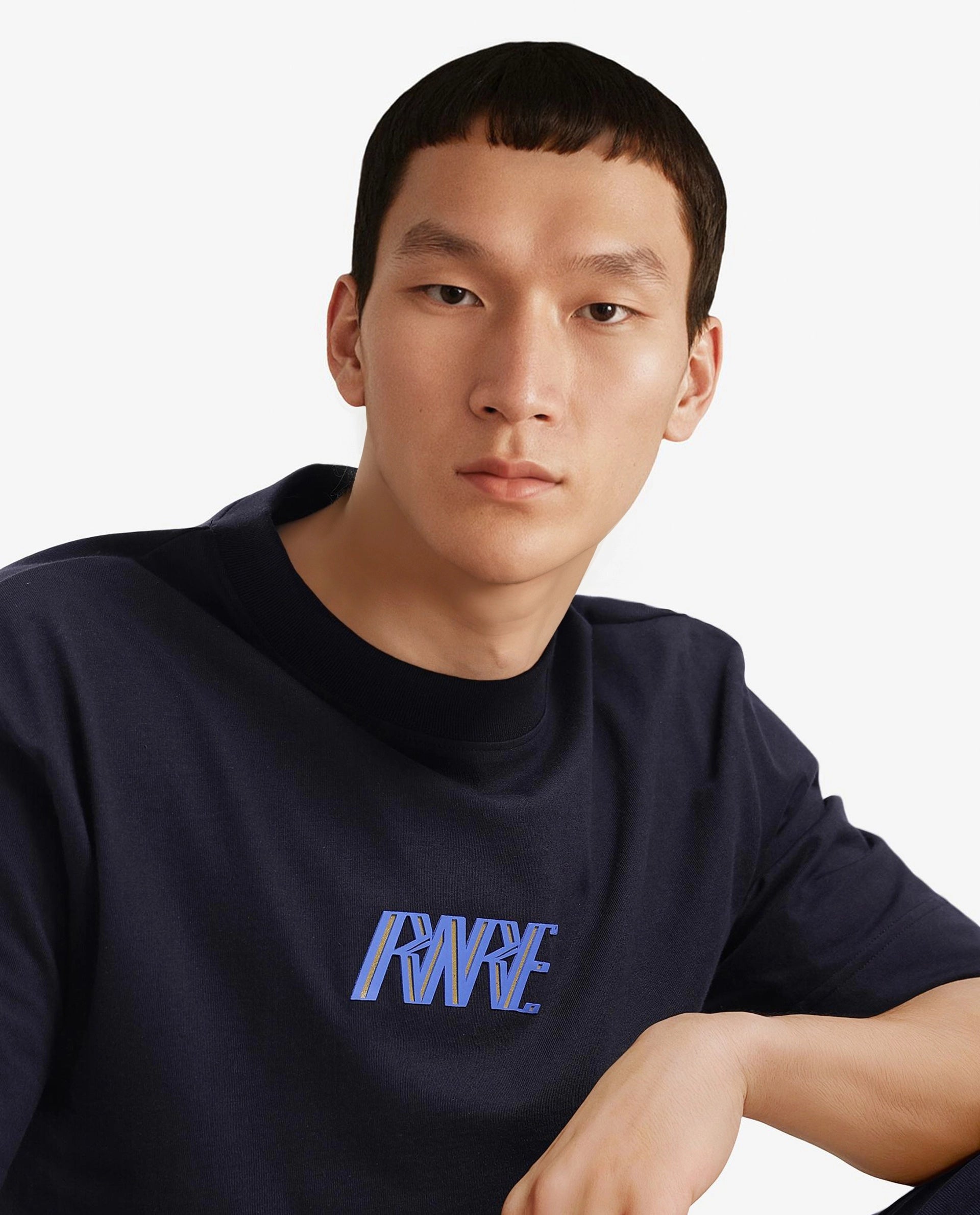 Rare Rabbit Men Harve Black Cotton Fabric Short Sleeve Crew Neck Boxy Fit Branding Print T-Shirt