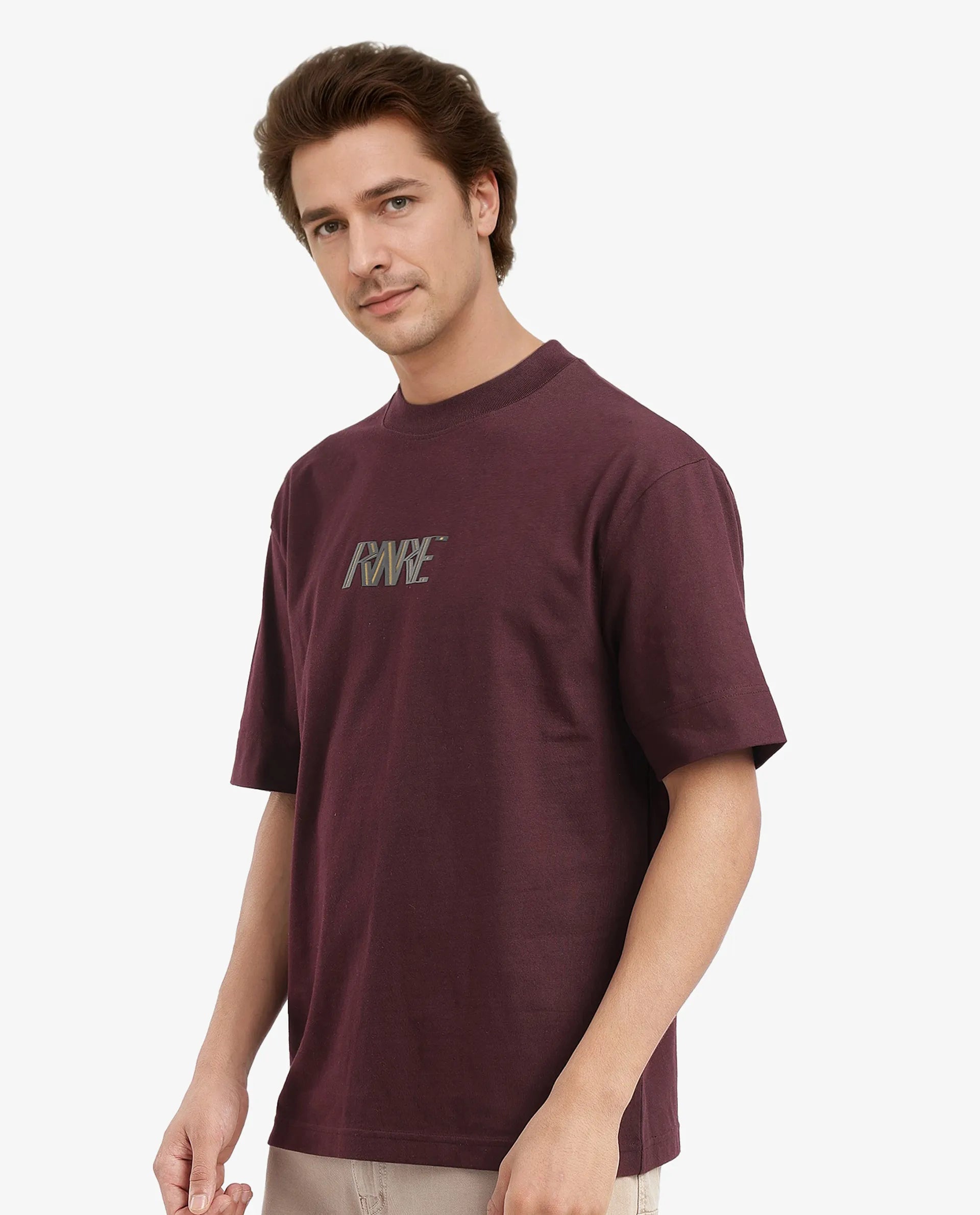 Rare Rabbit Men Harve Brown Cotton Fabric Short Sleeve Crew Neck Boxy Fit Branding Print T-Shirt