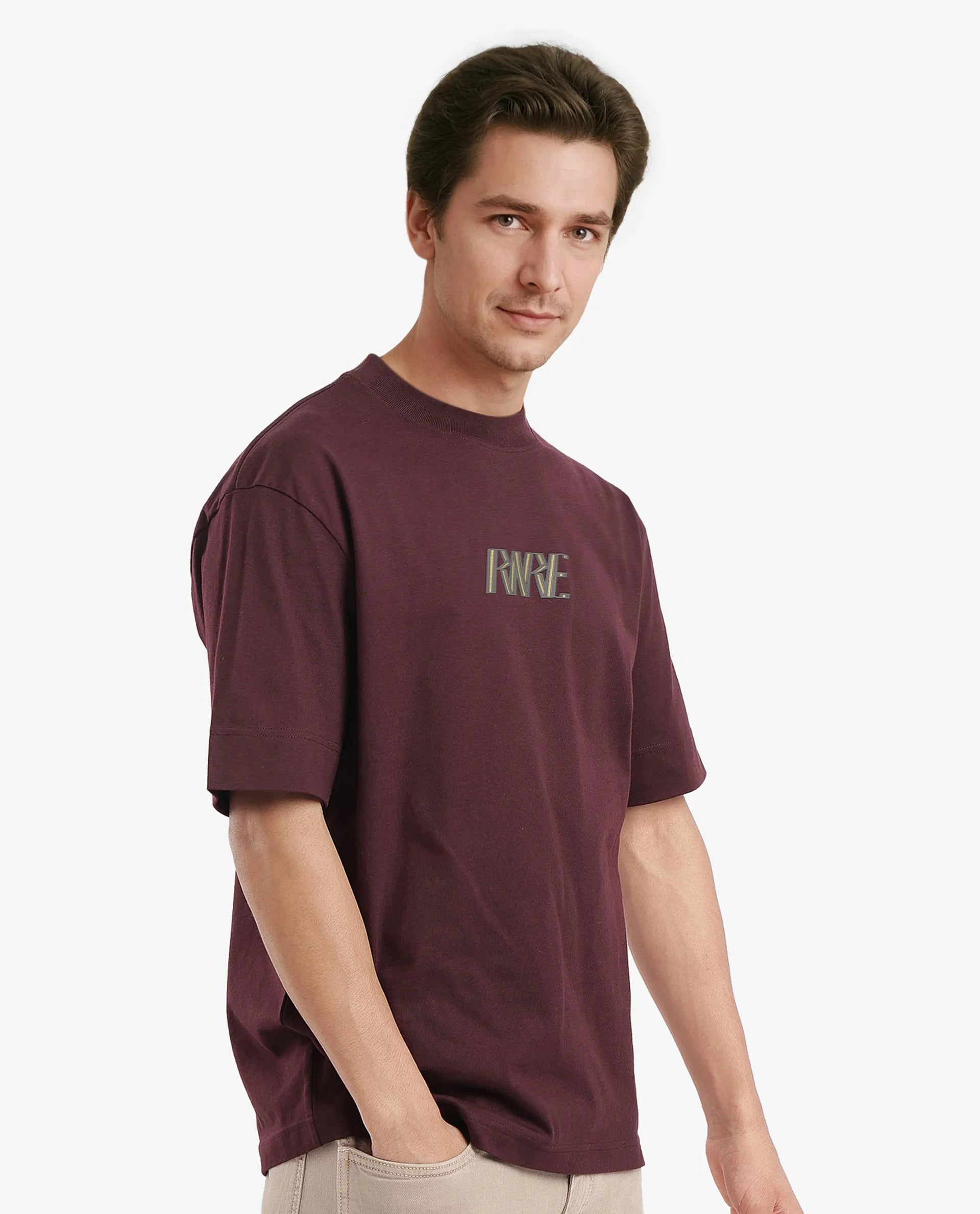 Rare Rabbit Men Harve Brown Cotton Fabric Short Sleeve Crew Neck Boxy Fit Branding Print T-Shirt