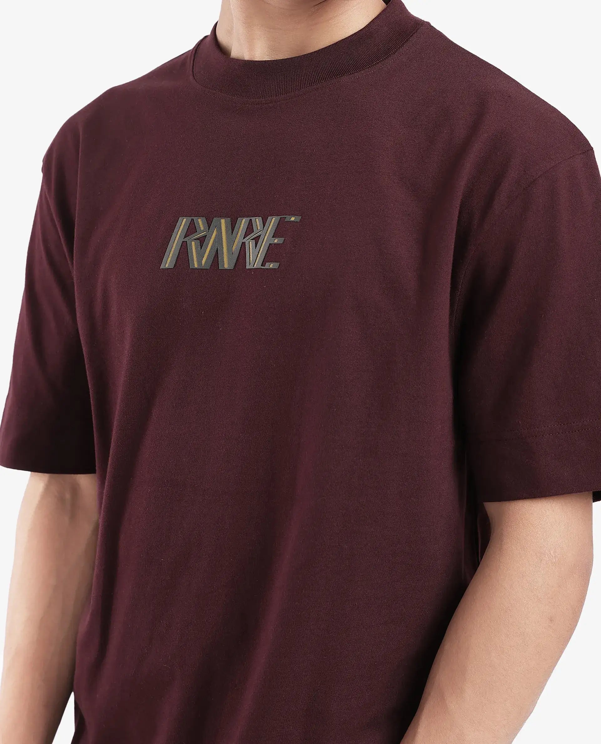 Rare Rabbit Men Harve Brown Cotton Fabric Short Sleeve Crew Neck Boxy Fit Branding Print T-Shirt