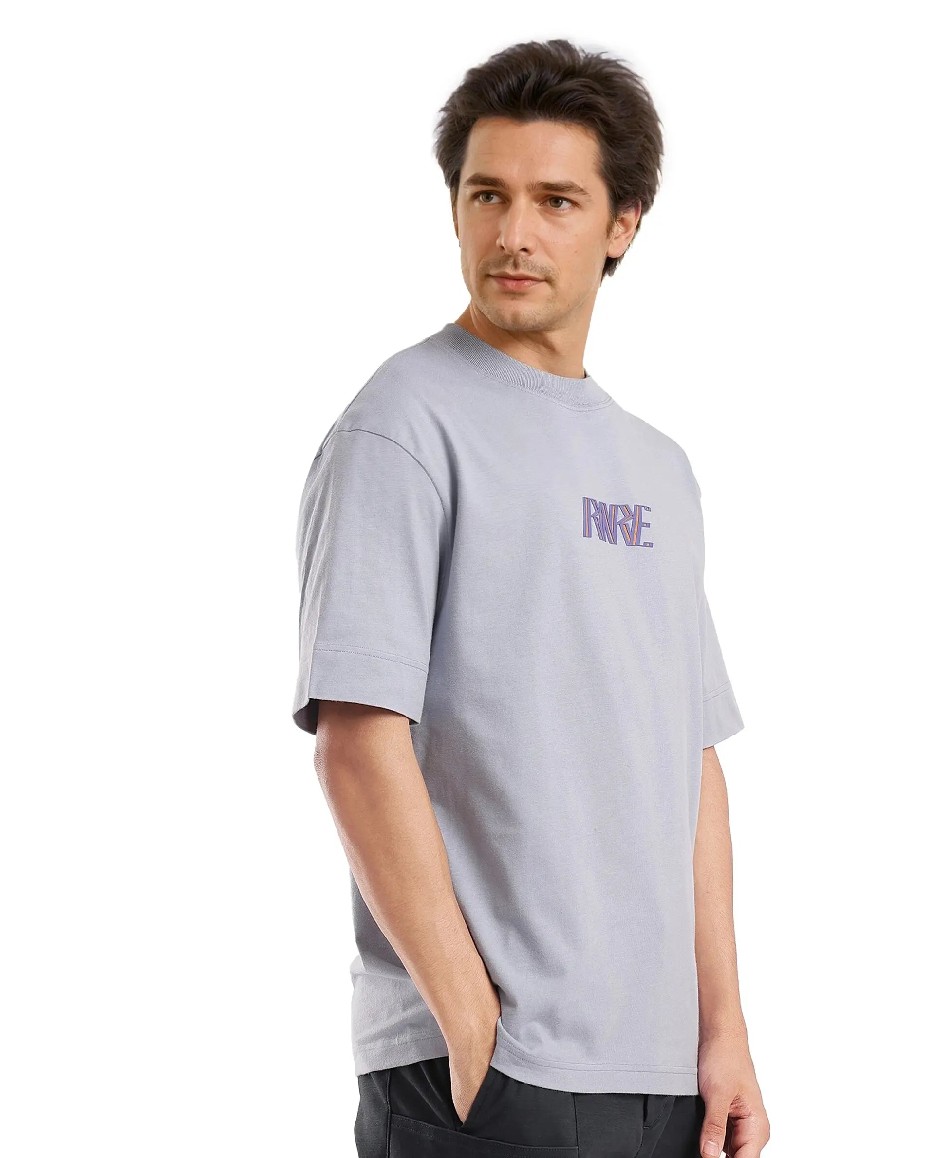 Rare Rabbit Men Harve Light Blue Cotton Fabric Short Sleeve Crew Neck Boxy Fit Printed T-Shirt