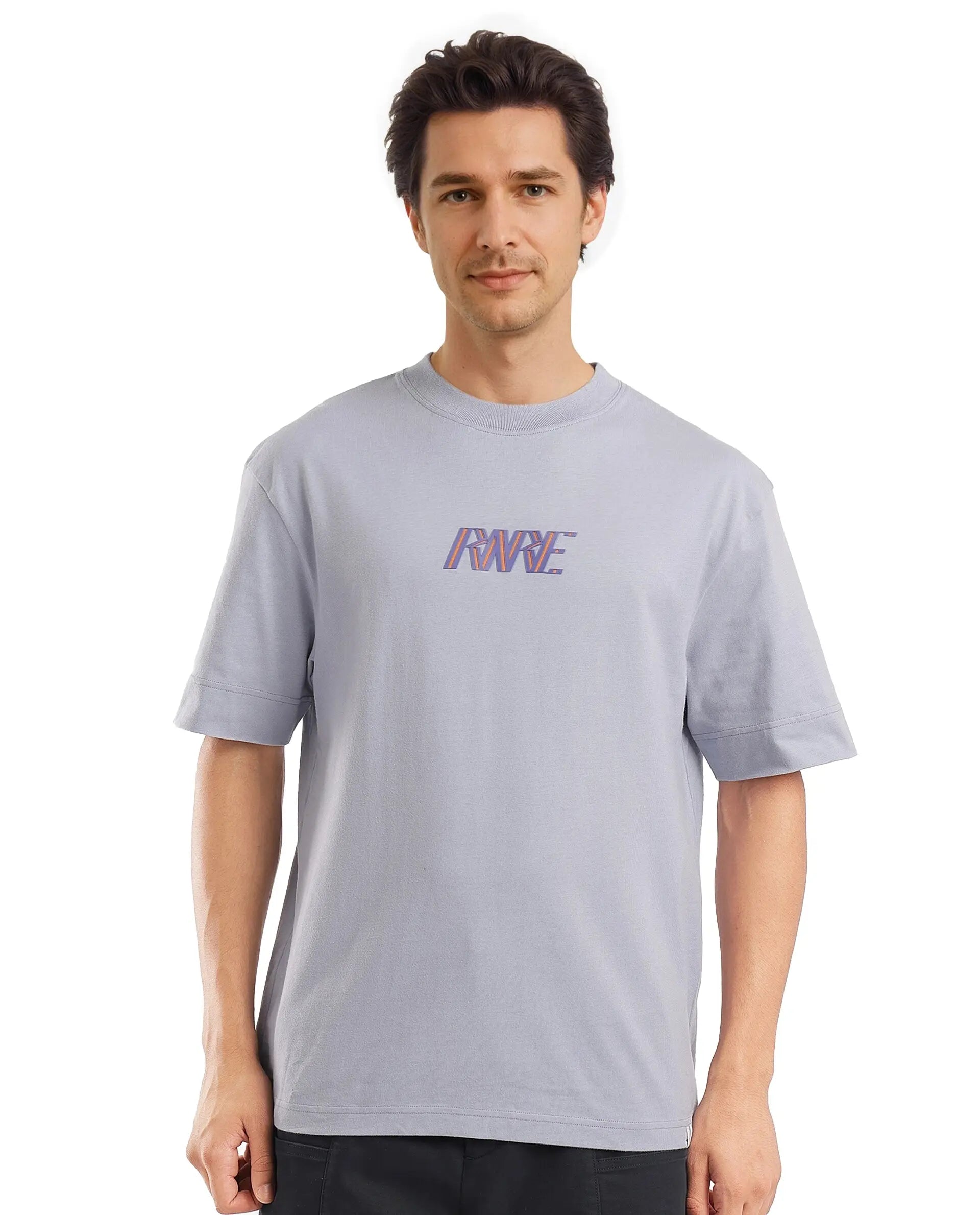 Rare Rabbit Men Harve Light Blue Cotton Fabric Short Sleeve Crew Neck Boxy Fit Printed T-Shirt