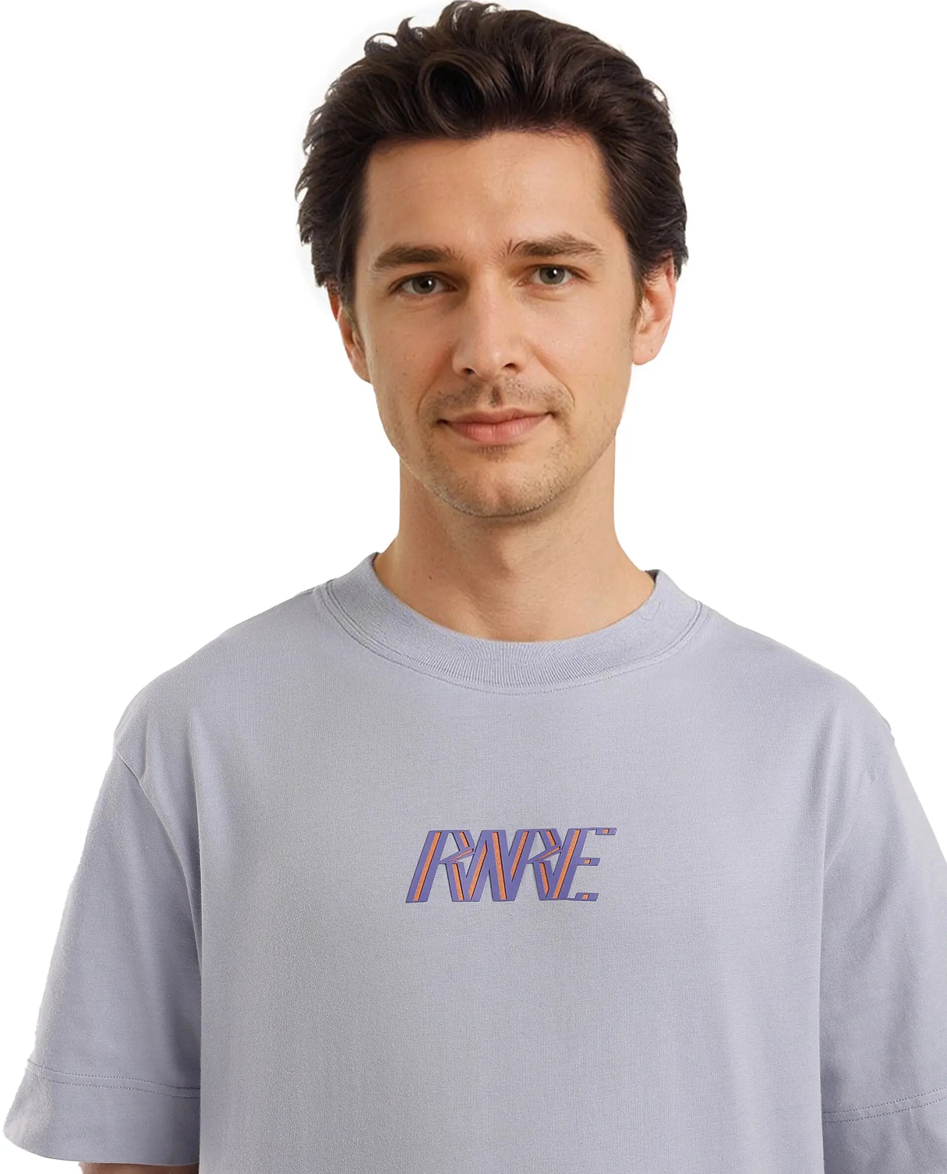 Rare Rabbit Men Harve Light Blue Cotton Fabric Short Sleeve Crew Neck Boxy Fit Printed T-Shirt