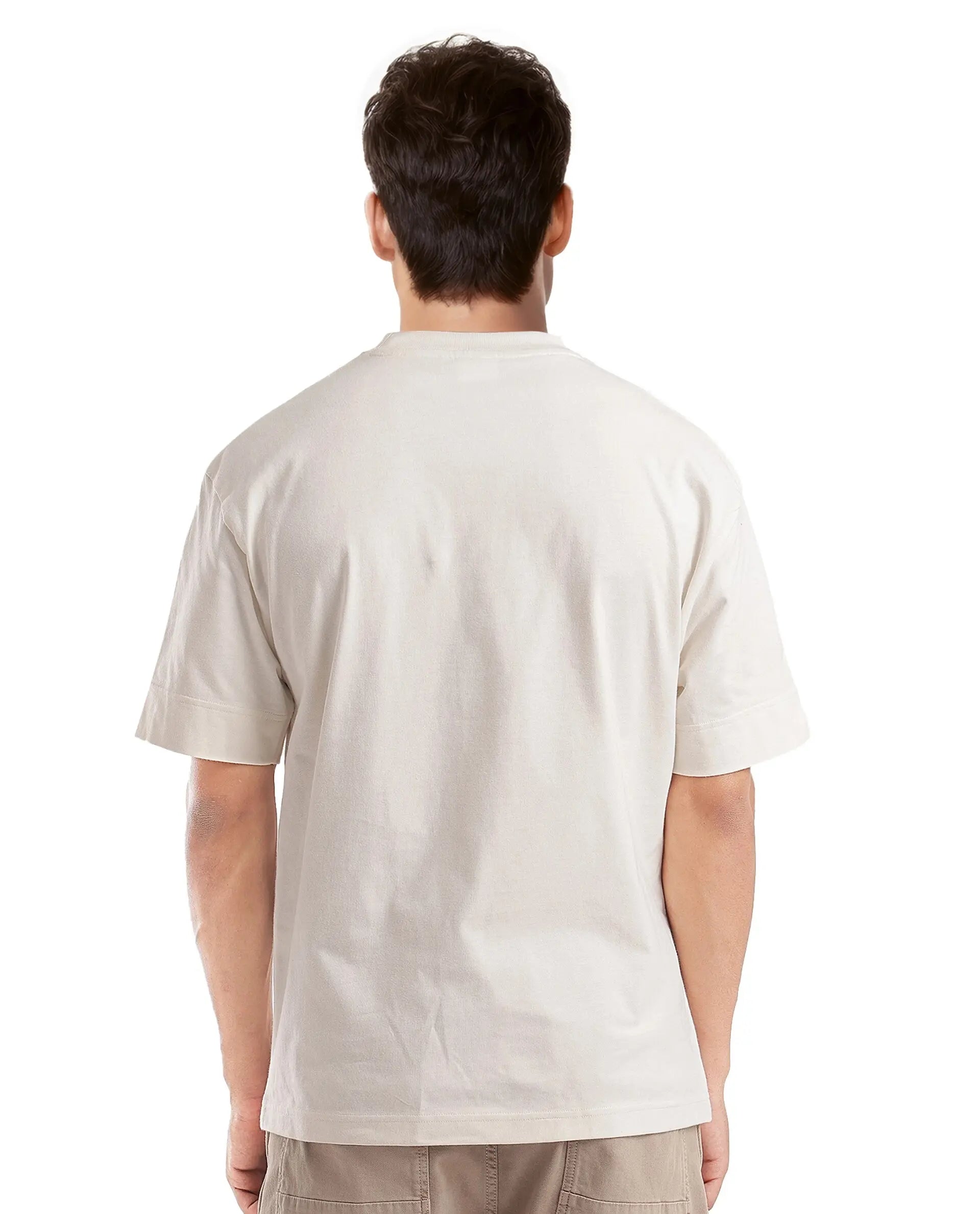 Rare Rabbit Men Harve Off White Cotton Fabric Short Sleeve Crew Neck Boxy Fit Branding Print T-Shirt