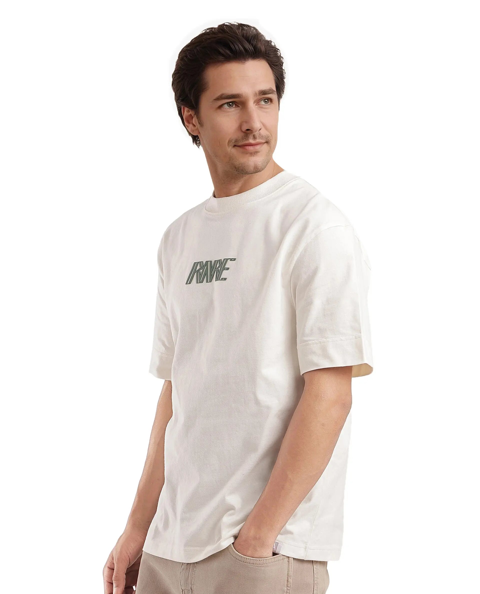 Rare Rabbit Men Harve Off White Cotton Fabric Short Sleeve Crew Neck Boxy Fit Branding Print T-Shirt