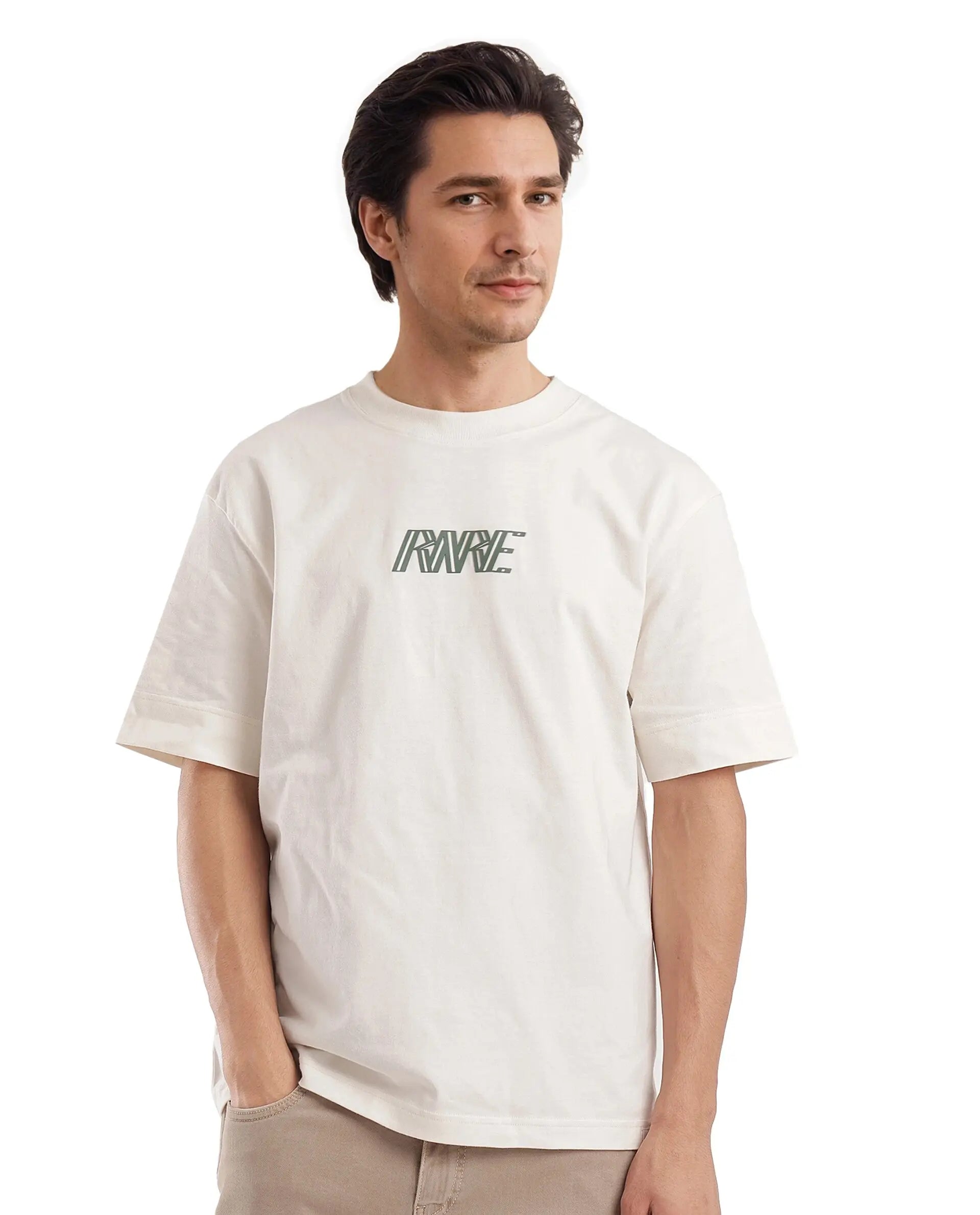 Rare Rabbit Men Harve Off White Cotton Fabric Short Sleeve Crew Neck Boxy Fit Branding Print T-Shirt