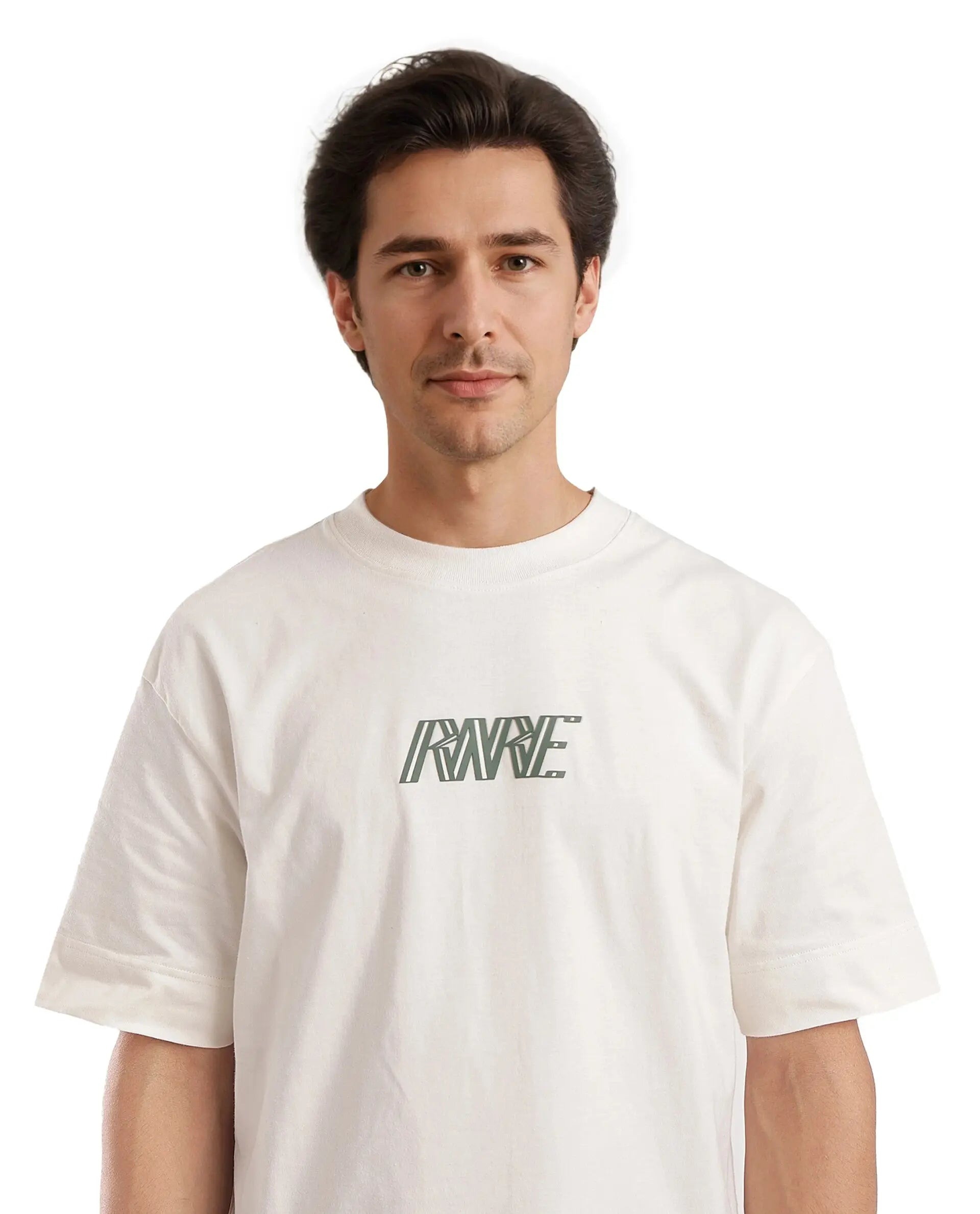 Rare Rabbit Men Harve Off White Cotton Fabric Short Sleeve Crew Neck Boxy Fit Branding Print T-Shirt