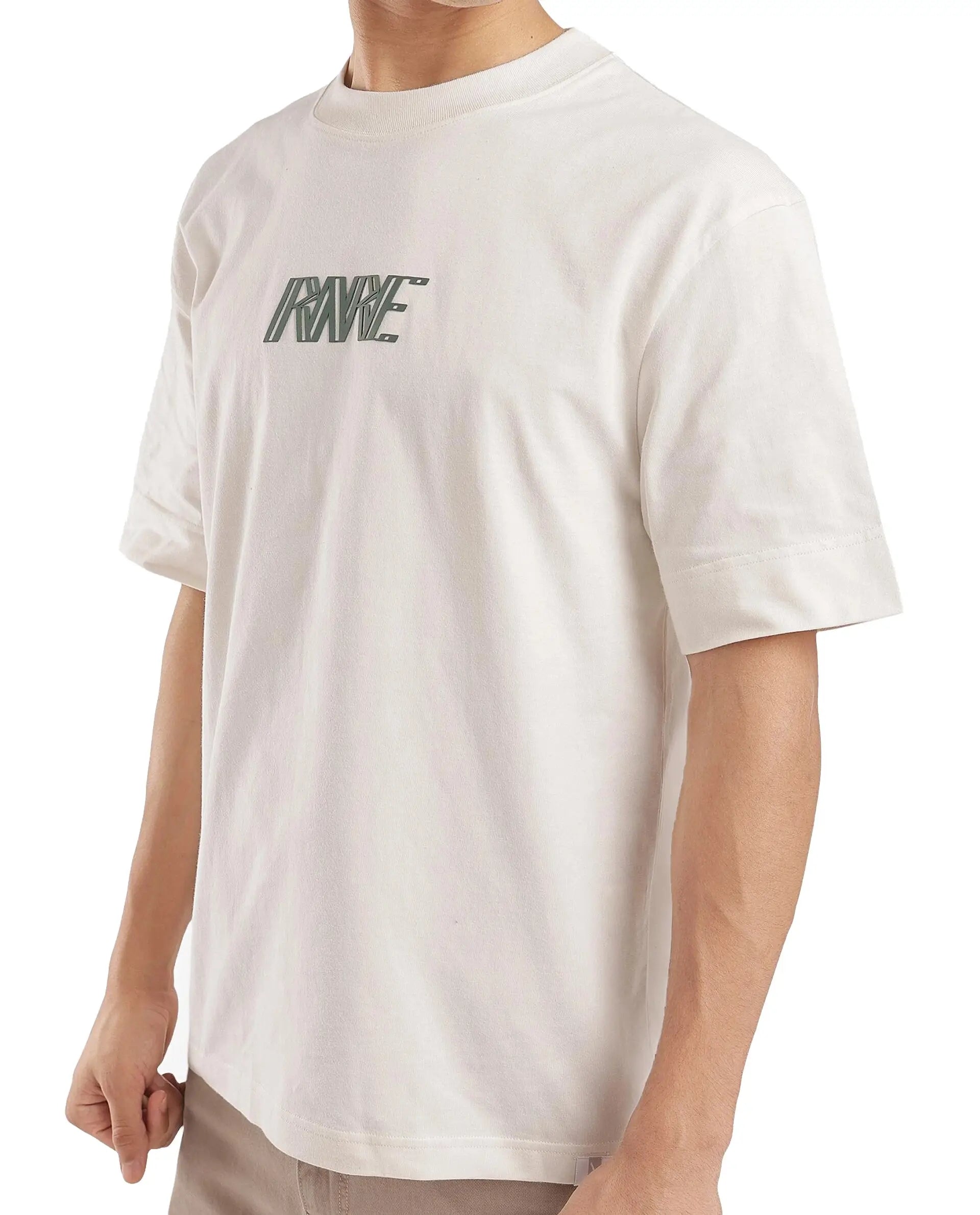 Rare Rabbit Men Harve Off White Cotton Fabric Short Sleeve Crew Neck Boxy Fit Branding Print T-Shirt