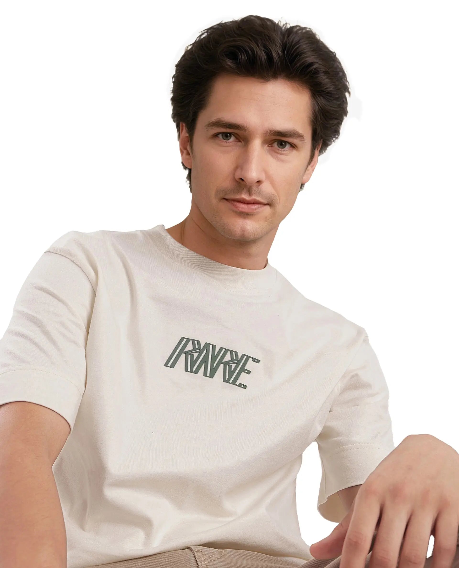 Rare Rabbit Men Harve Off White Cotton Fabric Short Sleeve Crew Neck Boxy Fit Branding Print T-Shirt