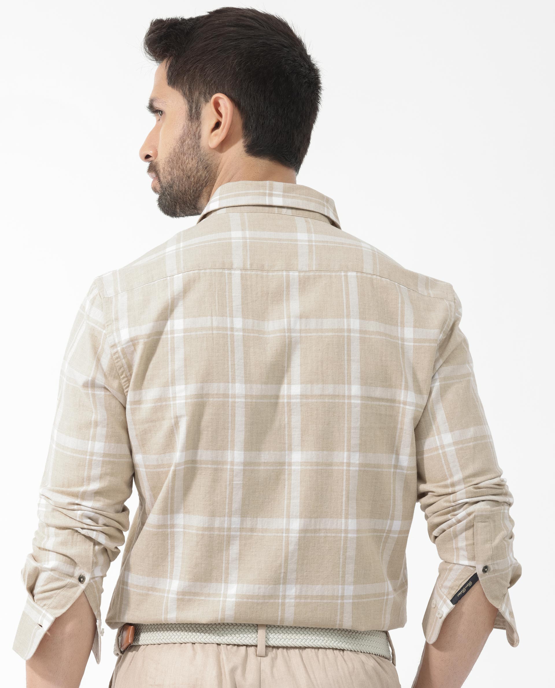 Rare Rabbit Men's Hase Beige Cotton Fabric Full Sleeve Checks Shirt