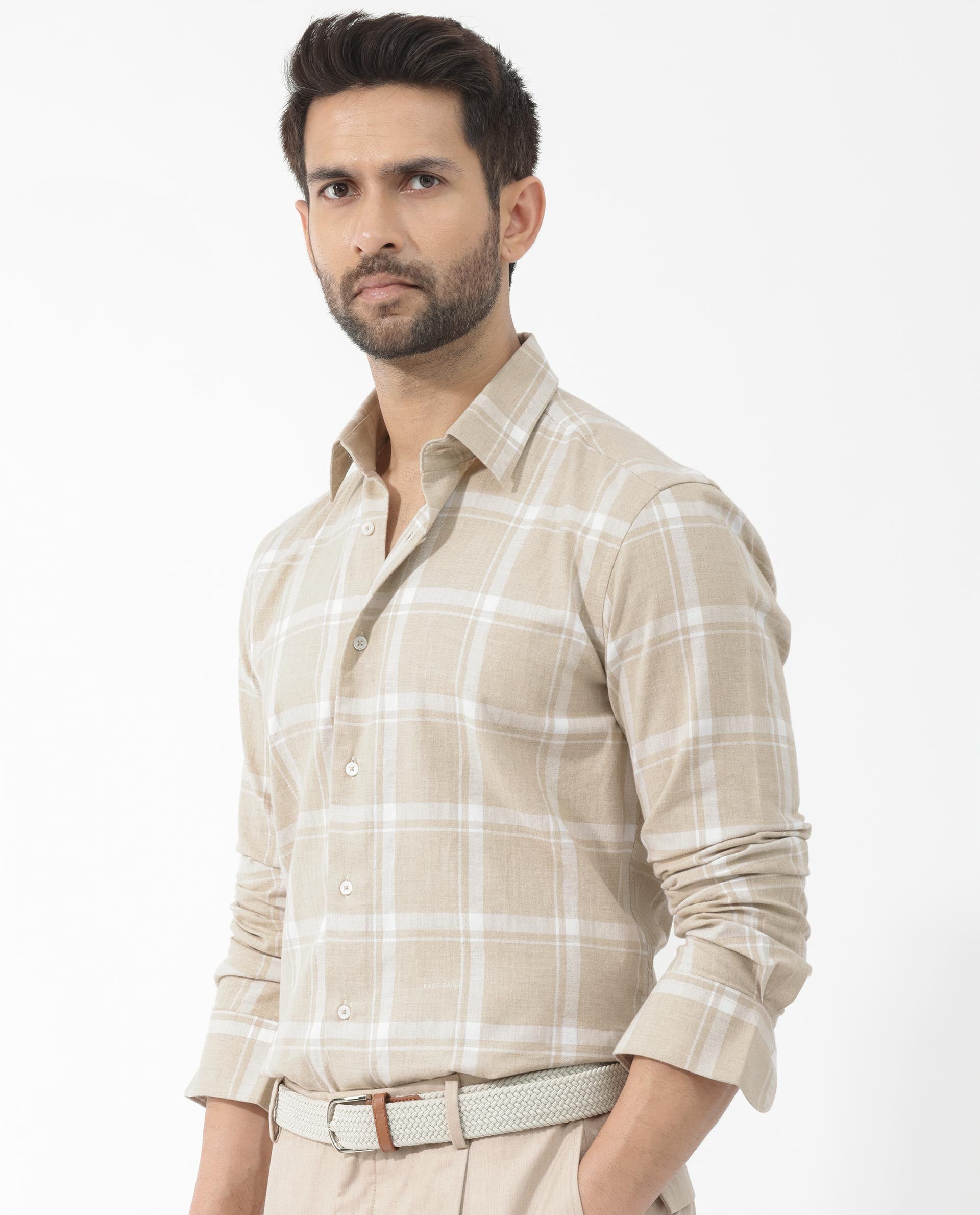 Rare Rabbit Men's Hase Beige Cotton Fabric Full Sleeve Checks Shirt