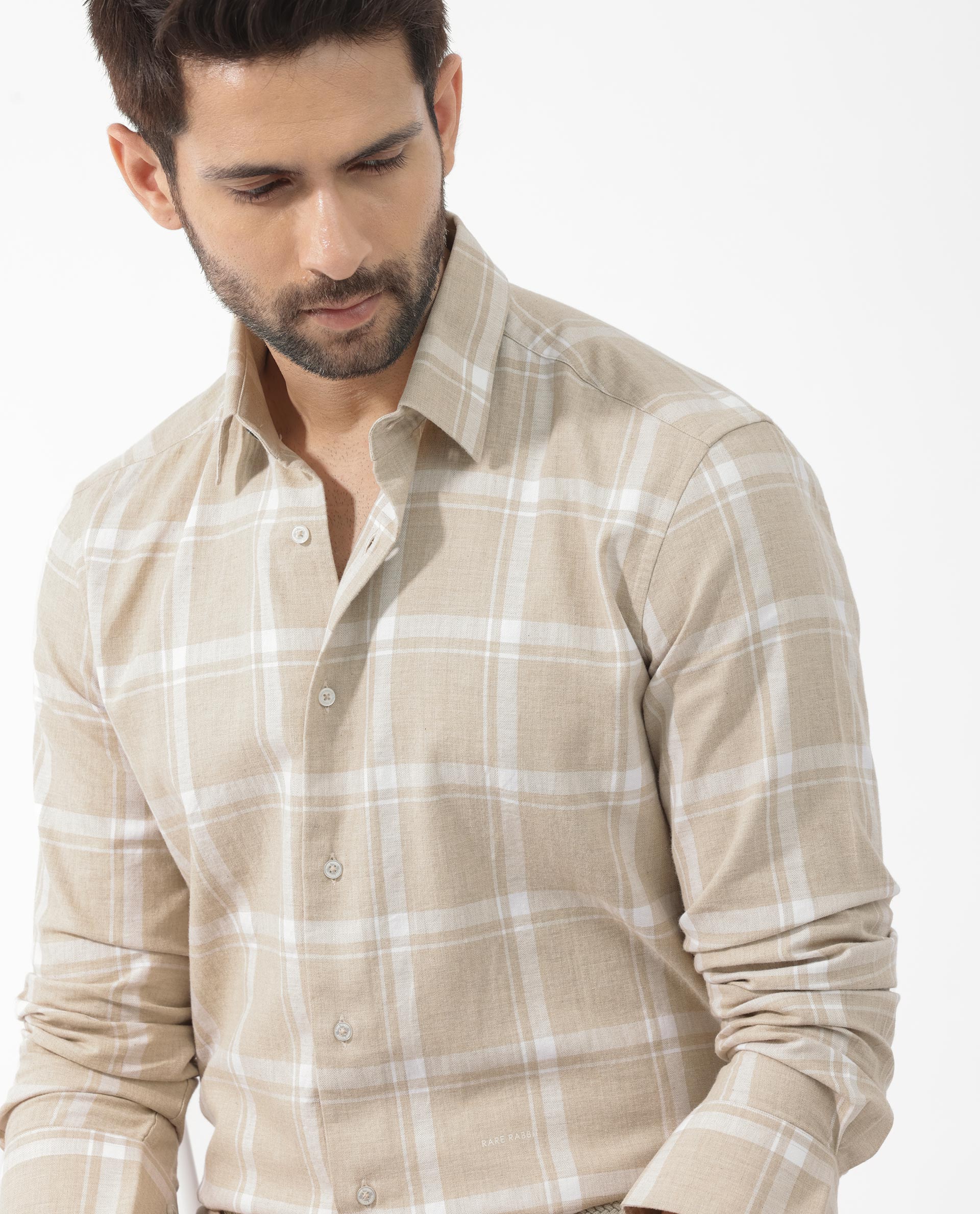 Rare Rabbit Men's Hase Beige Cotton Fabric Full Sleeve Checks Shirt