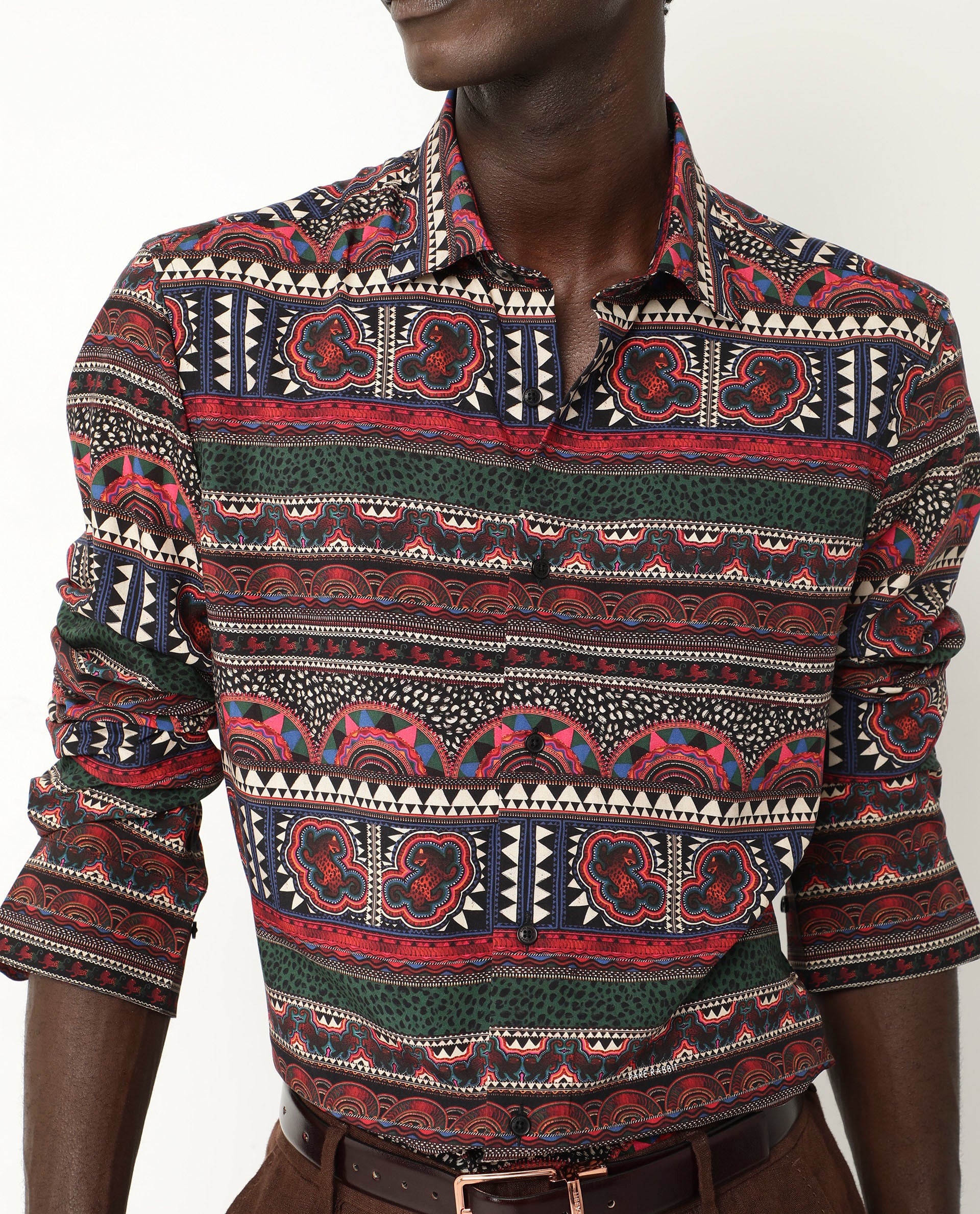 Rare Rabbit Men's Hatham LS Black Viscose Fabric Full Sleeves Regular Fit Abstract Print Shirt