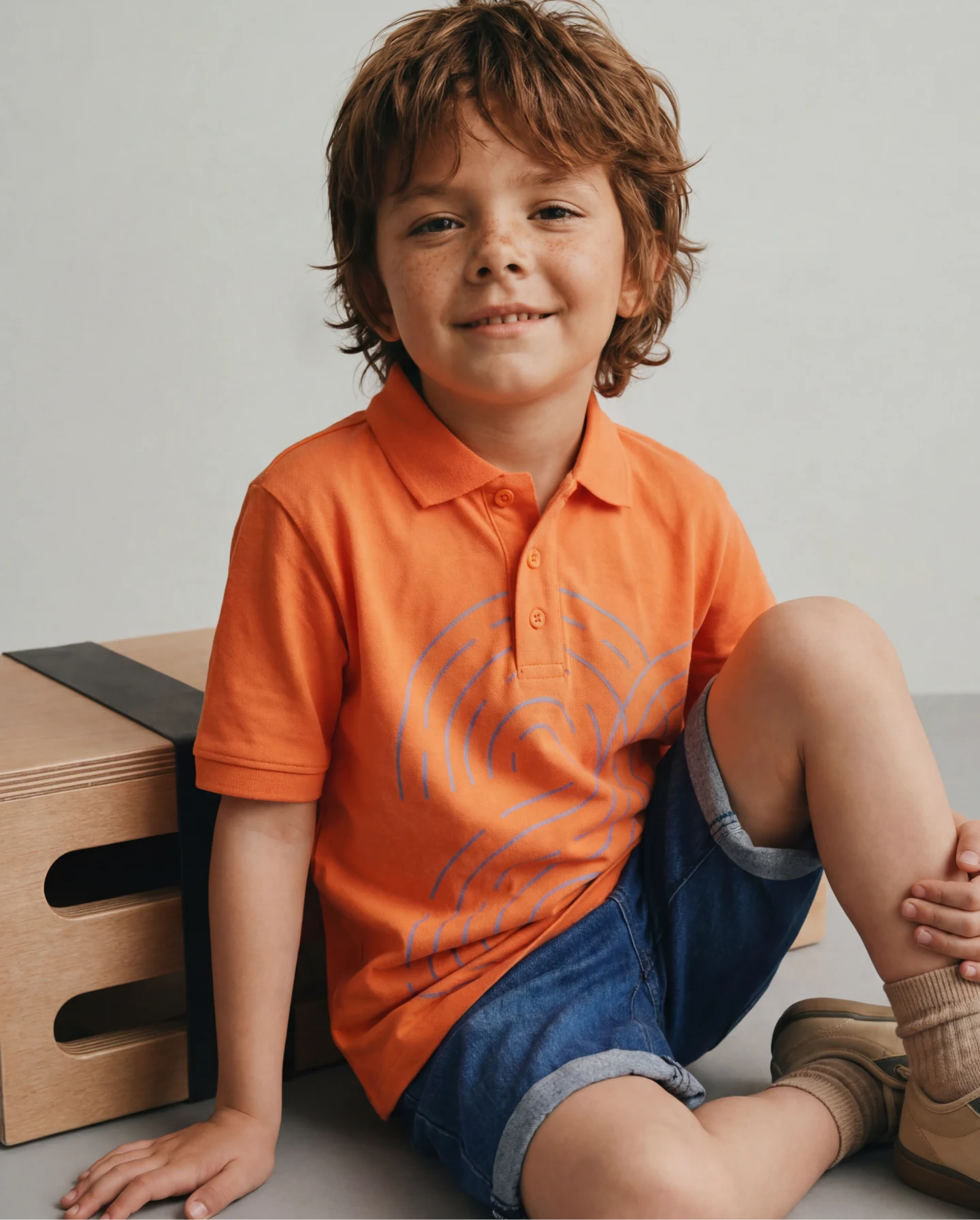 Rare Ones Kids Haus Orange Cotton Blend Fabric Button Closure Regular Fit Graphic Print Polo