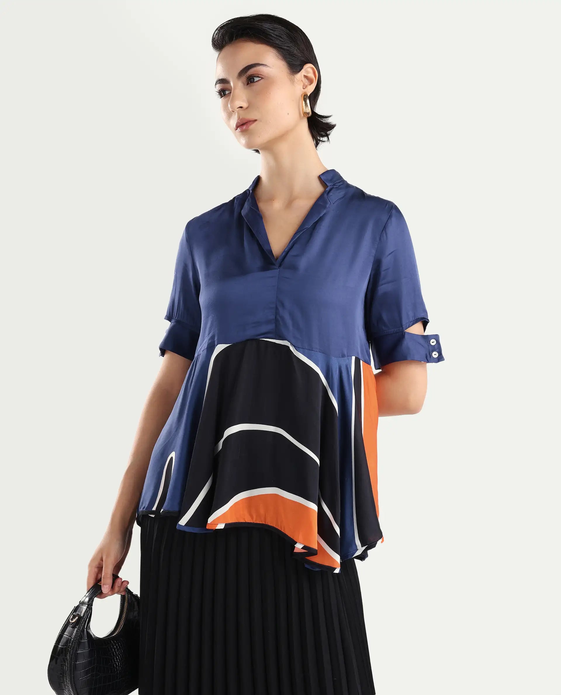 Rareism Women's Havana Orange Modal Overlap Neck Abstract Print Relaxed Fit Top