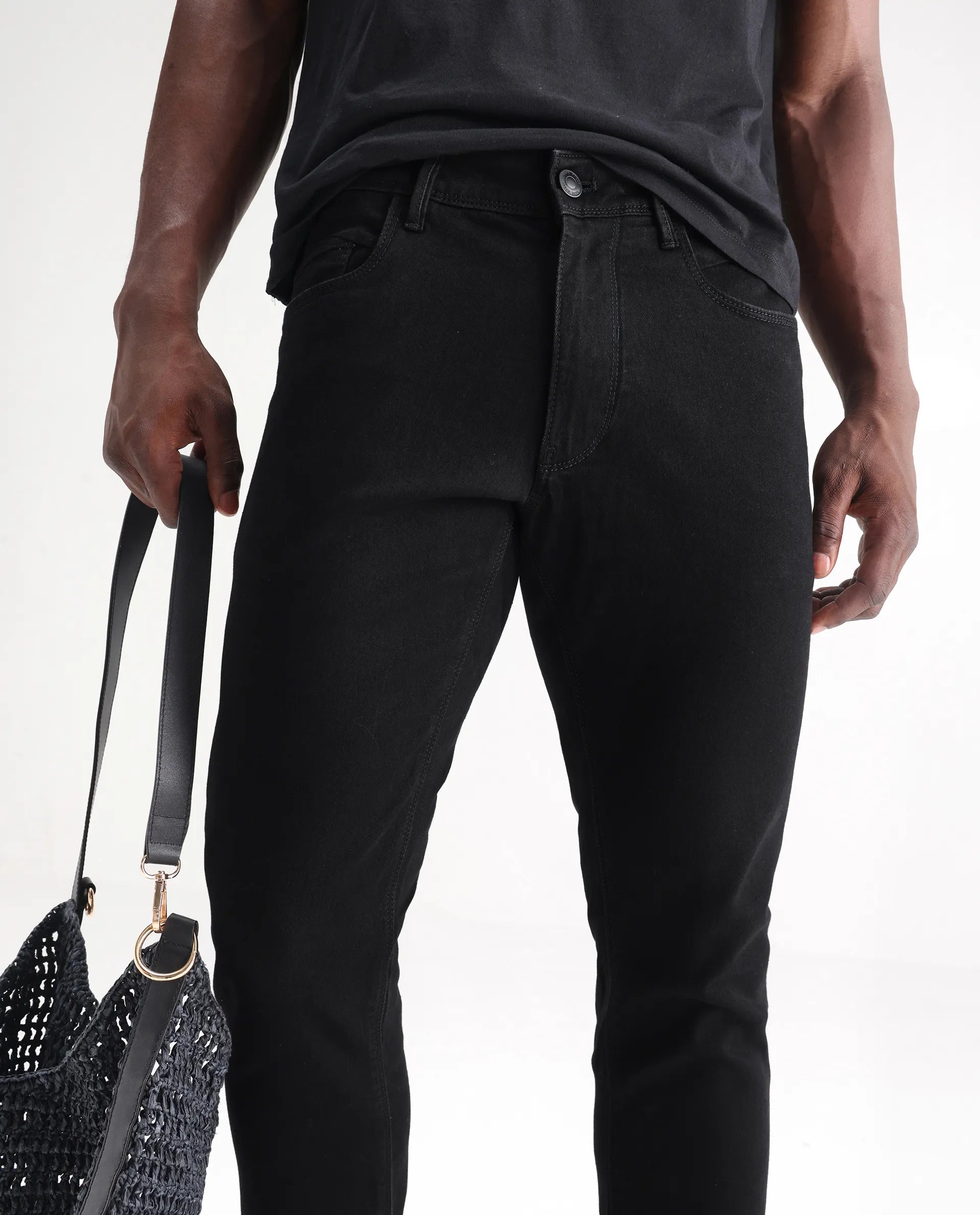 Rare Rabbit Men's Hawkins Black Cotton Plain Hawk Slim Fit Jeans