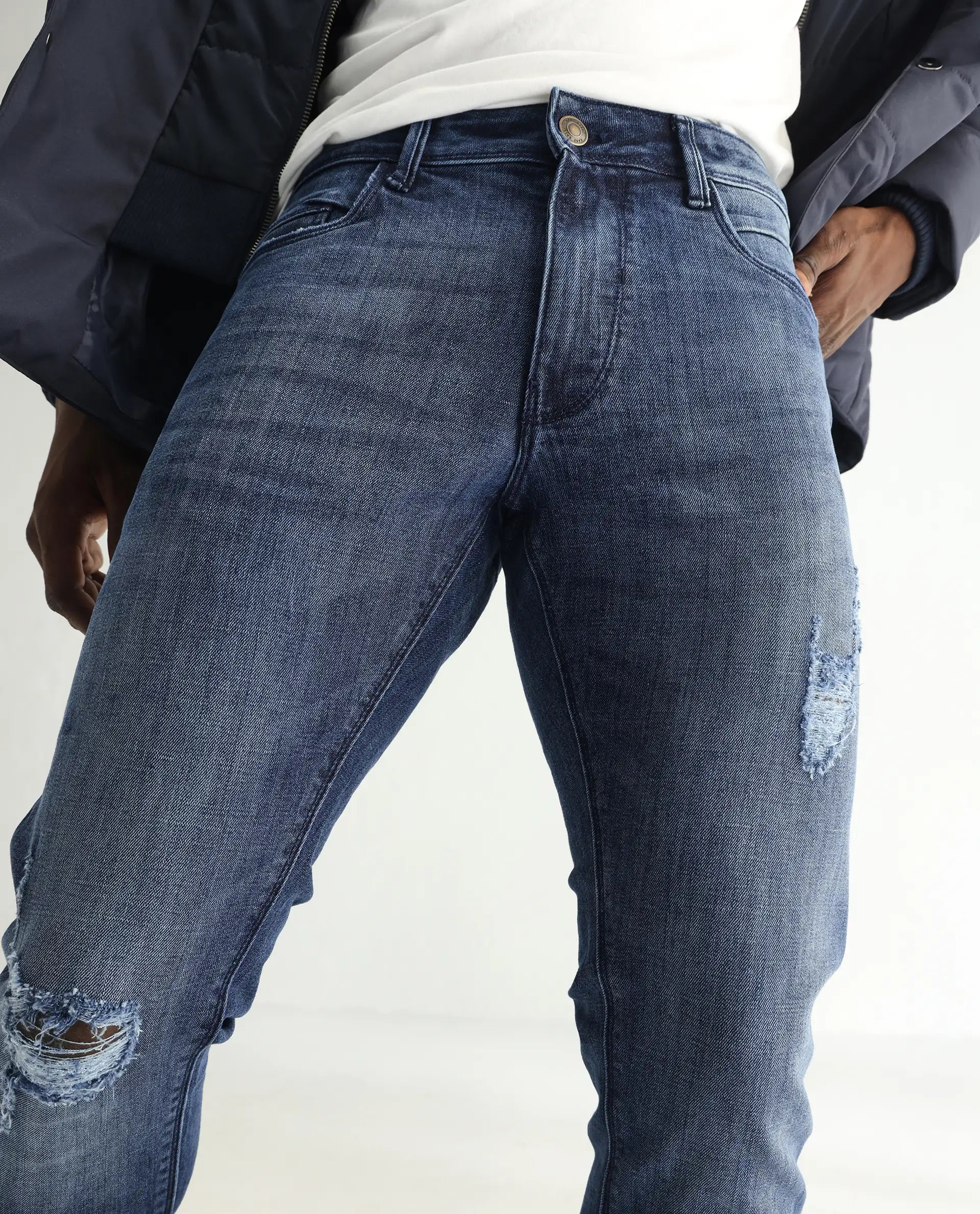 Rare Rabbit Men's Hawkins Dark Blue Cotton Plain Hawk Slim Fit Jeans