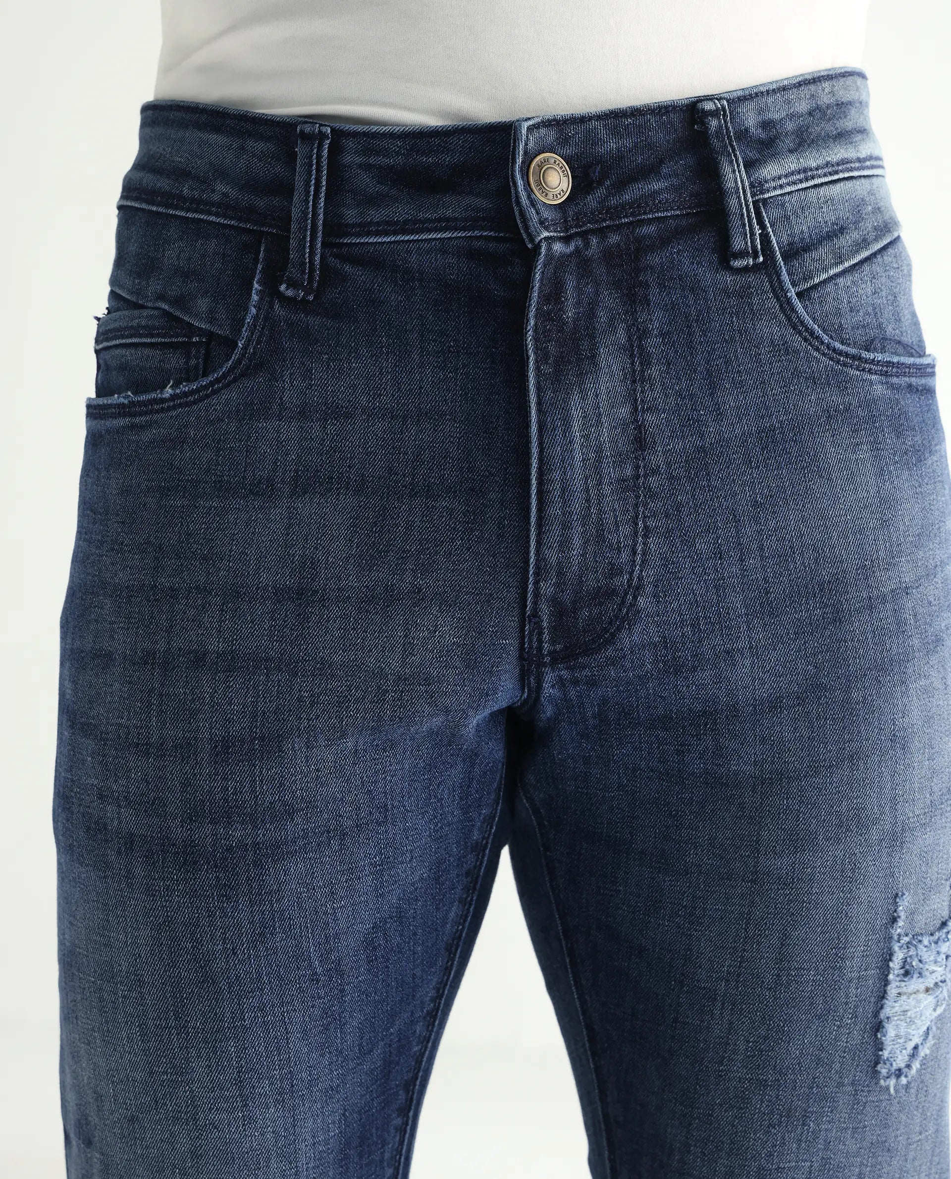 Rare Rabbit Men's Hawkins Dark Blue Cotton Plain Hawk Slim Fit Jeans