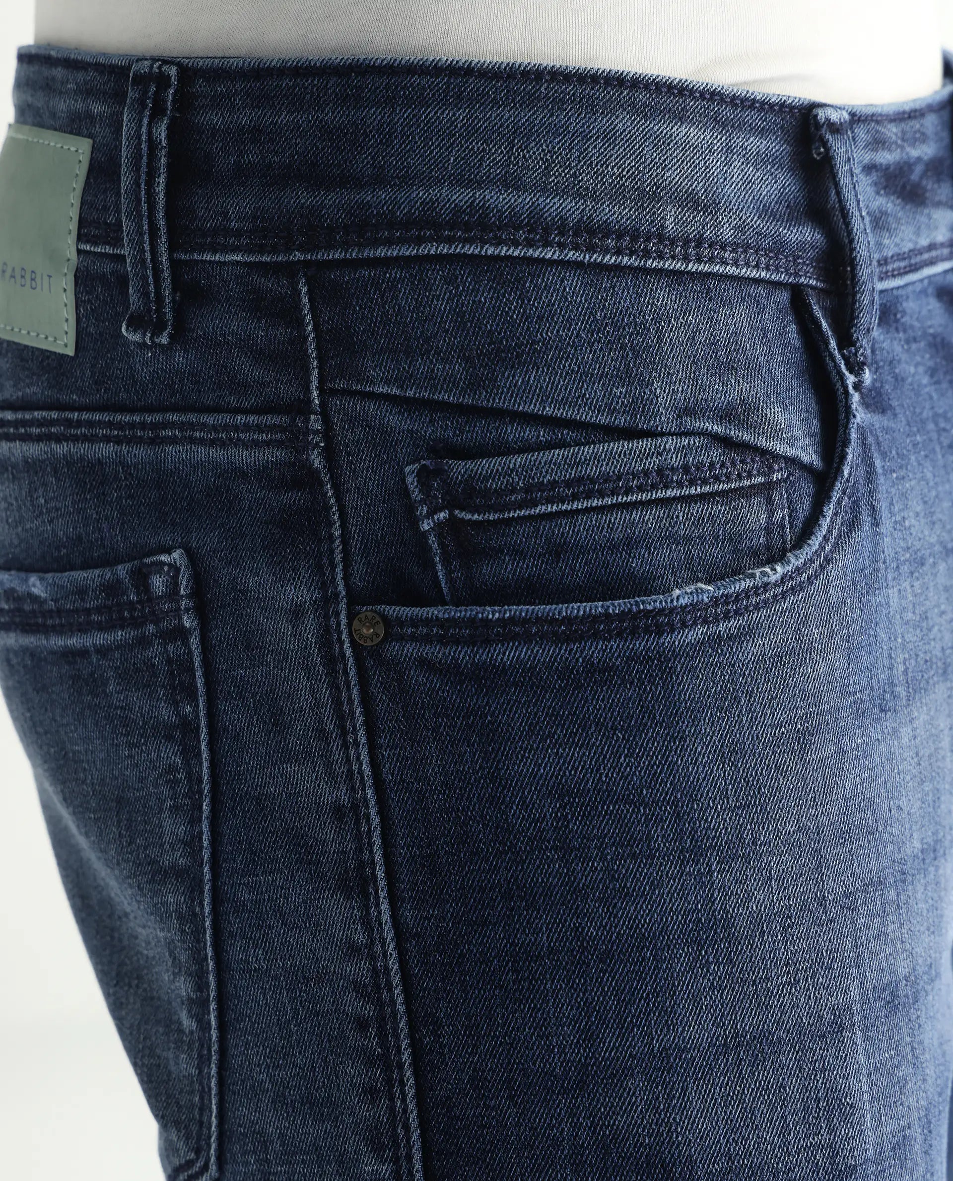 Rare Rabbit Men's Hawkins Dark Blue Cotton Plain Hawk Slim Fit Jeans