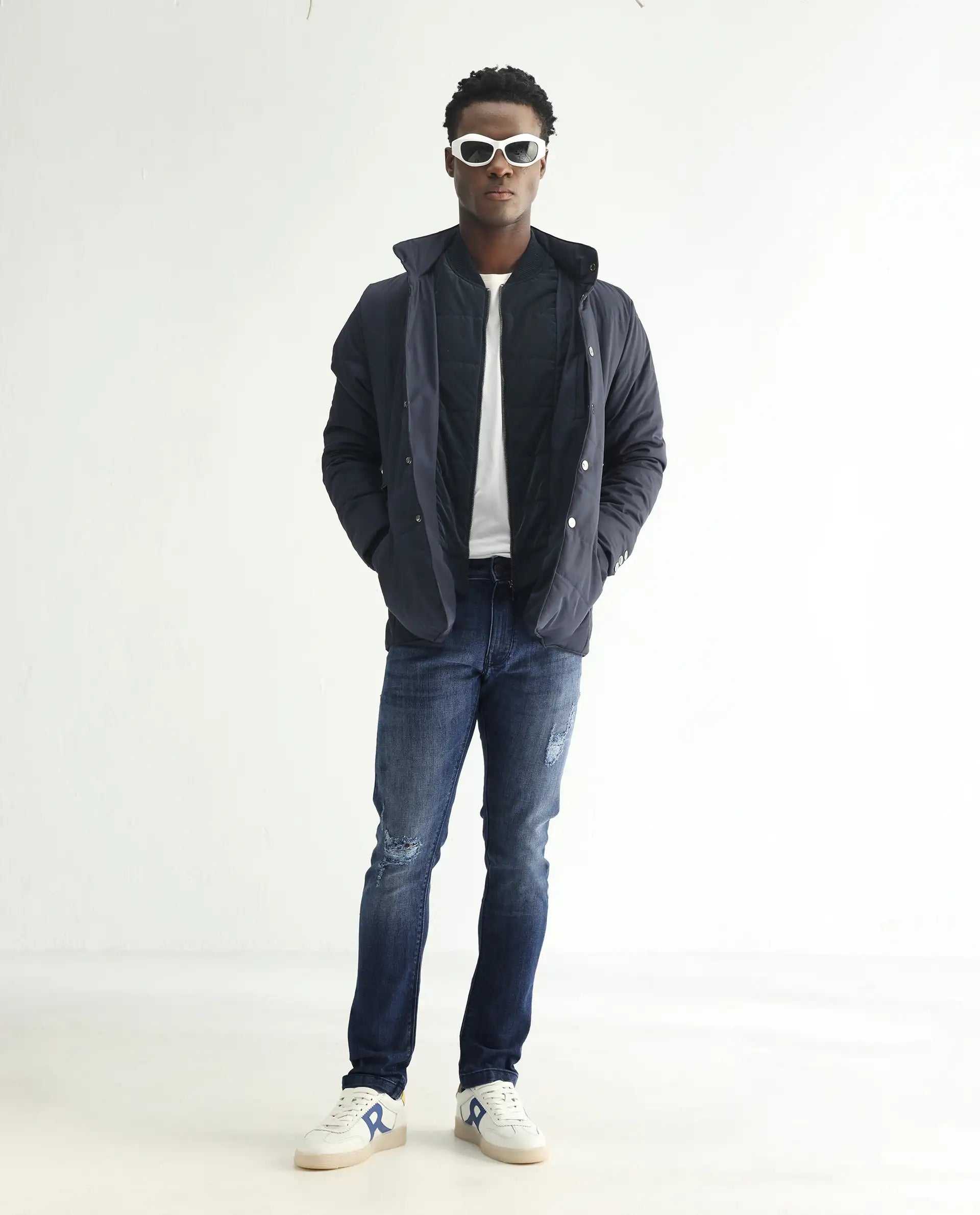 Rare Rabbit Men's Hawkins Dark Blue Cotton Plain Hawk Slim Fit Jeans