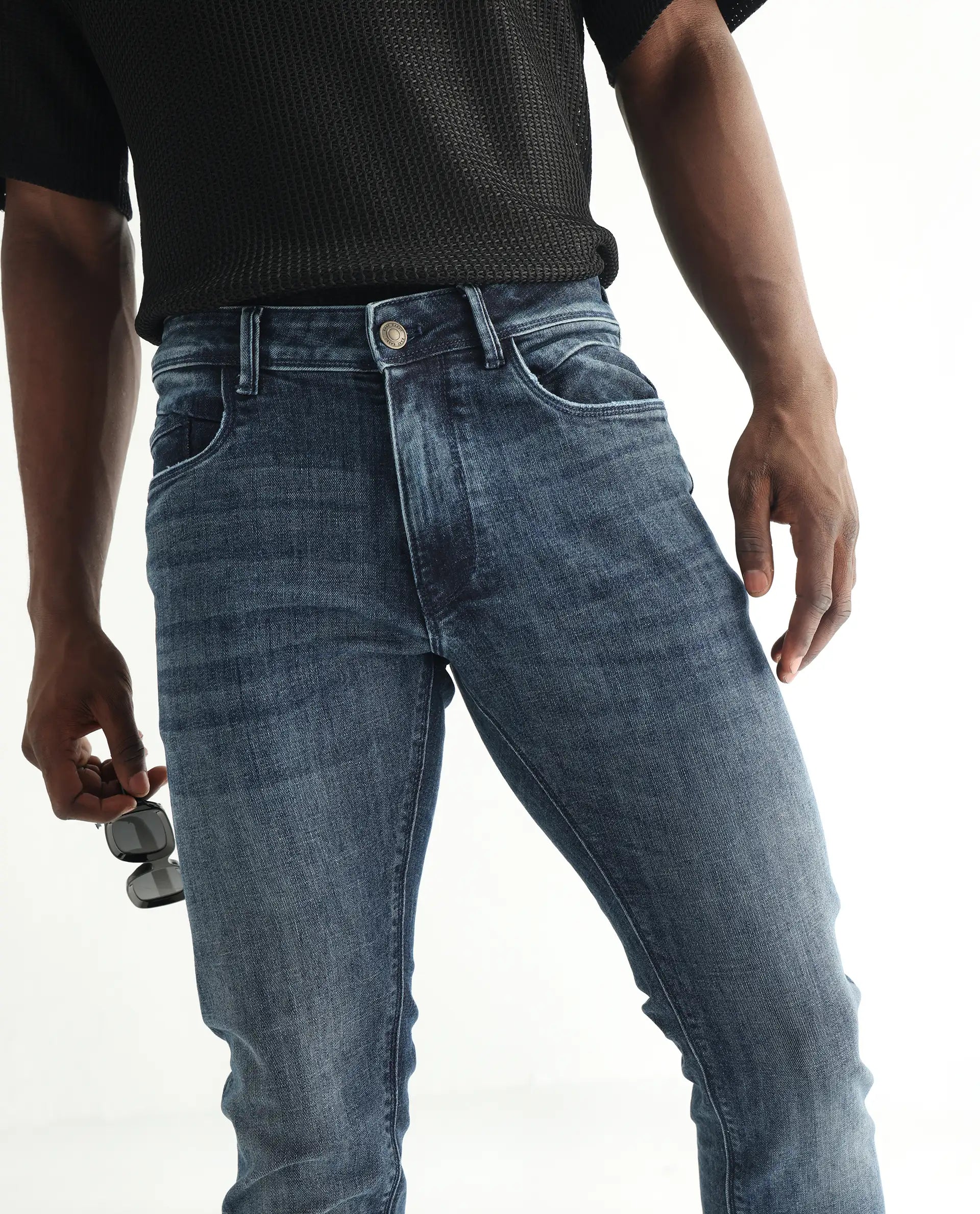 Rare Rabbit Men's Hawkins Dusky Blue Cotton Plain Hawk Slim Fit Jeans