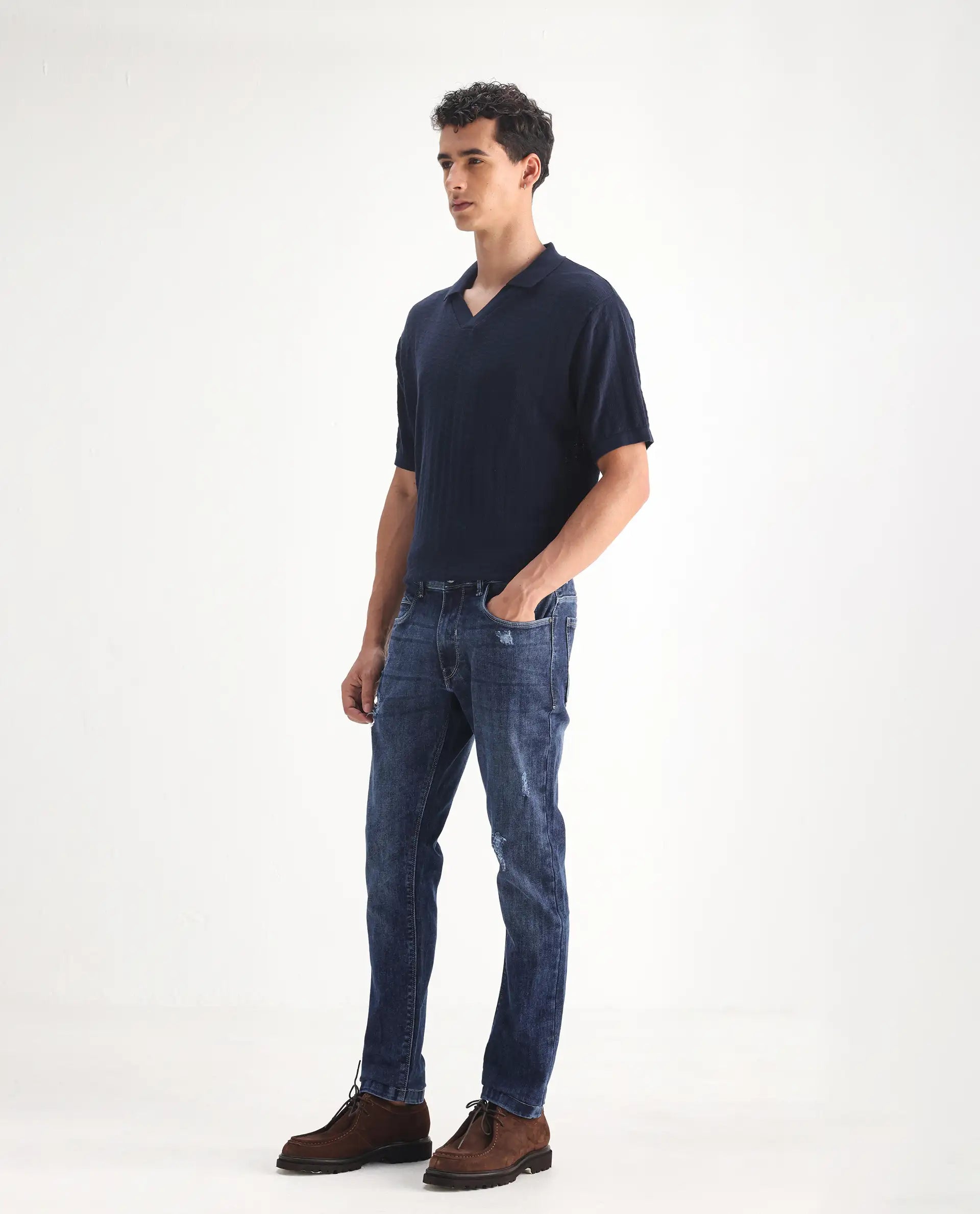 Rare Rabbit Men's Hawkins Light Blue Cotton Plain Hawk Slim Fit Jeans