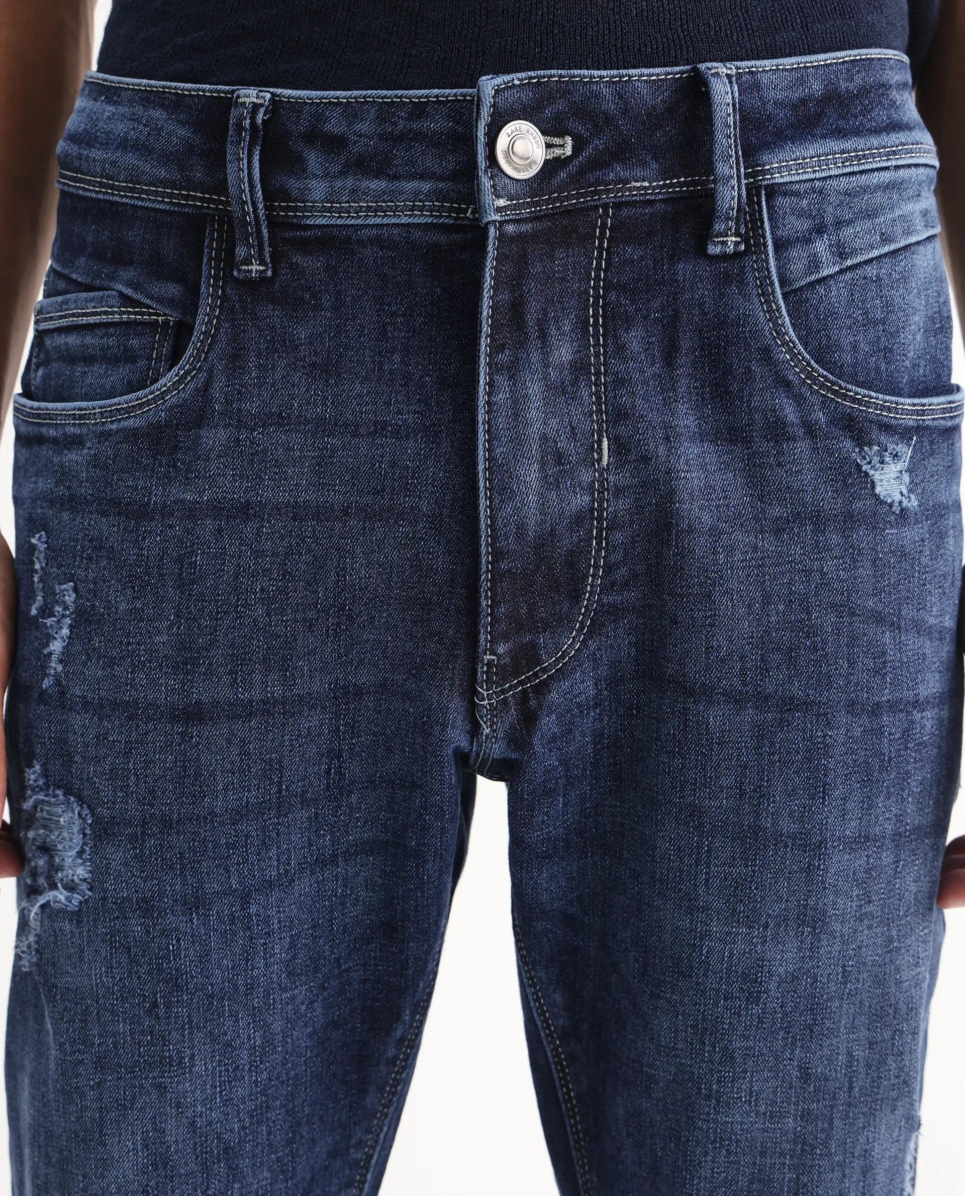 Rare Rabbit Men's Hawkins Light Blue Cotton Plain Hawk Slim Fit Jeans