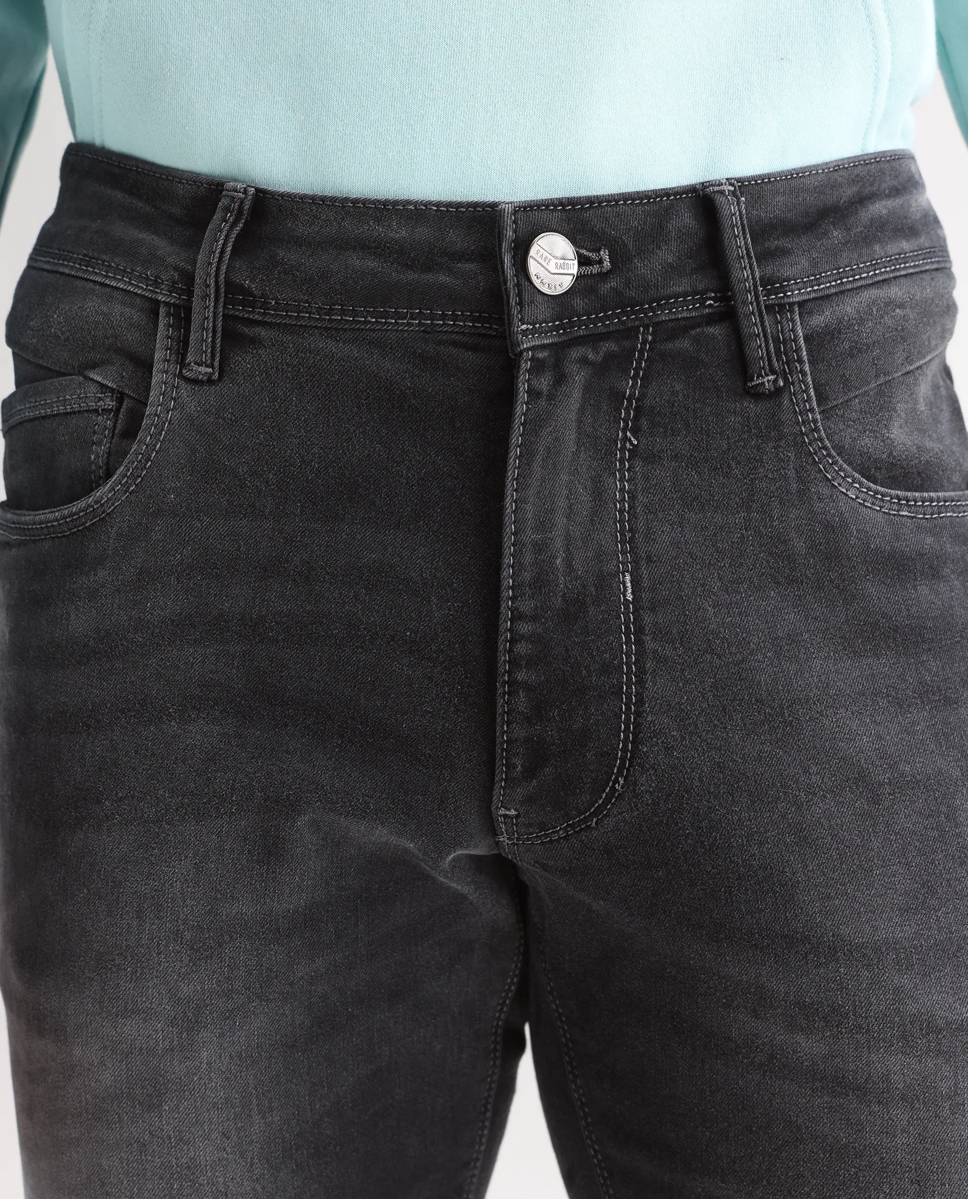 Rare Rabbit Men's Hawkins Light Grey Cotton Plain Hawk Slim Fit Jeans