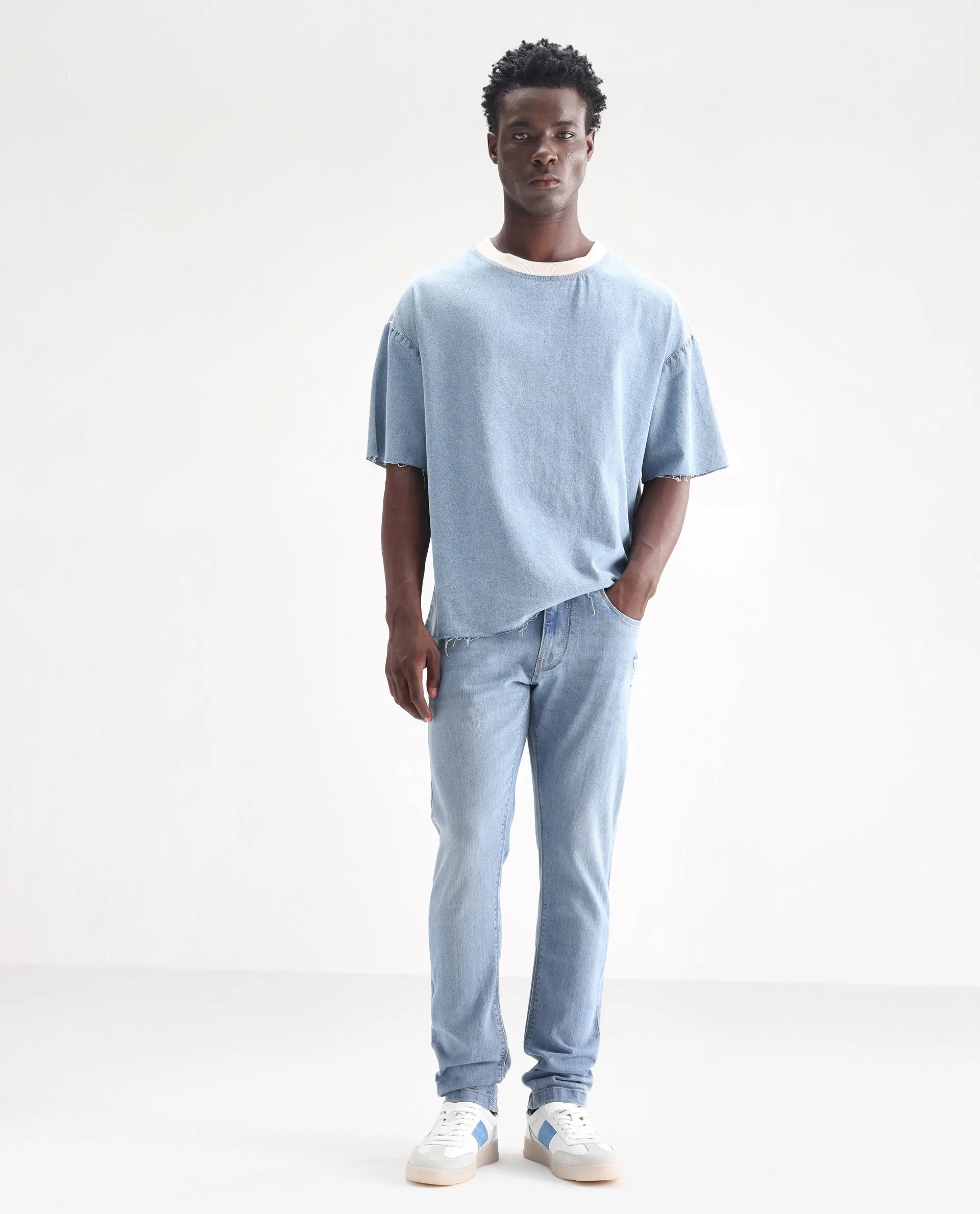 Rare Rabbit Men's Hawkins Pastel Blue Cotton Plain Hawk Slim Fit Jeans