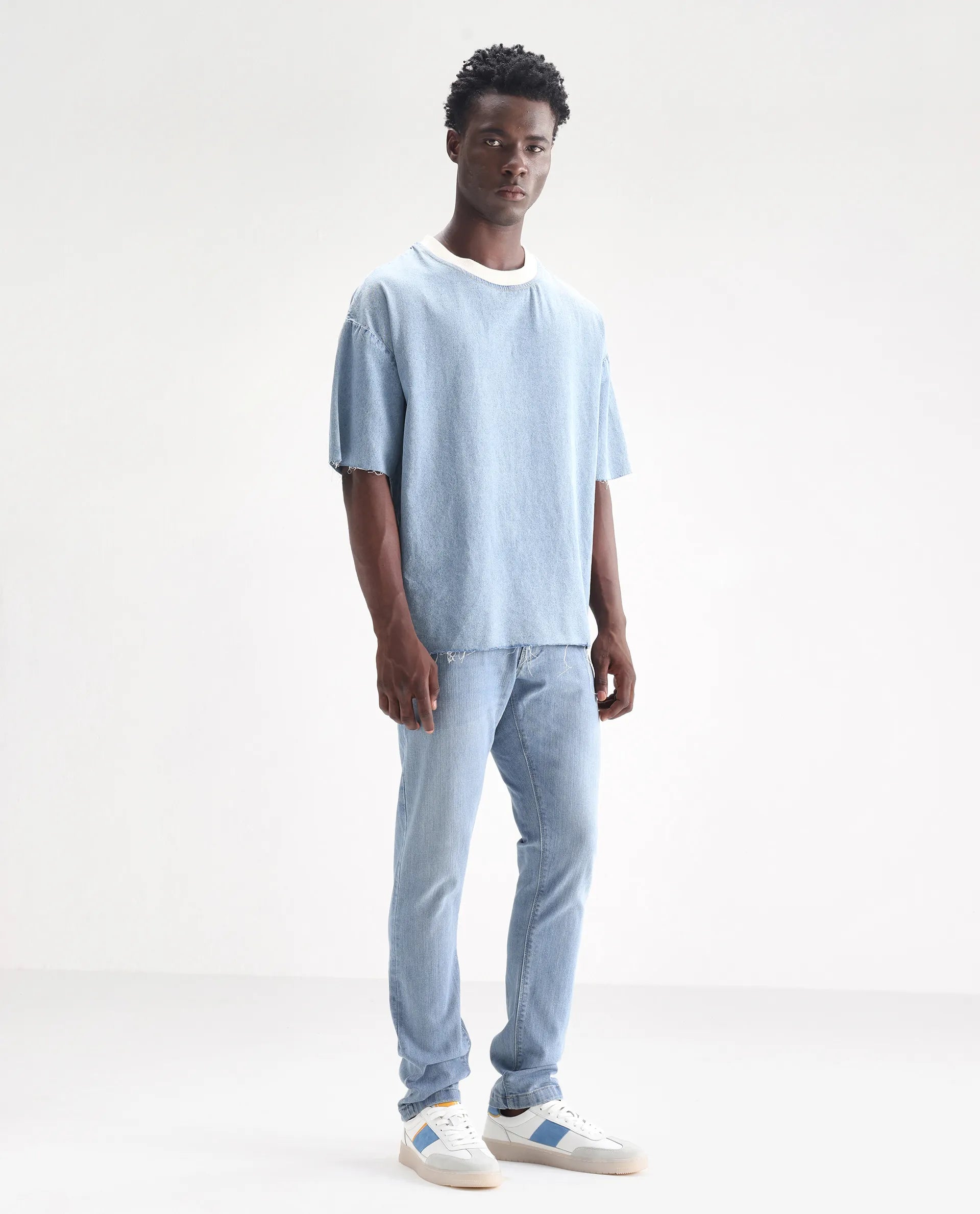 Rare Rabbit Men's Hawkins Pastel Blue Cotton Plain Hawk Slim Fit Jeans