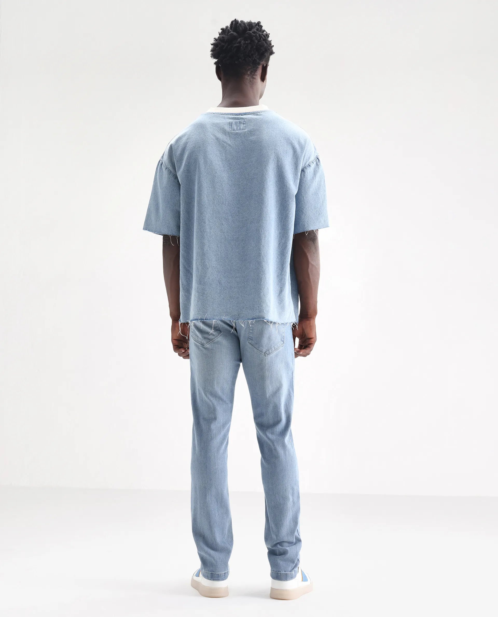 Rare Rabbit Men's Hawkins Pastel Blue Cotton Plain Hawk Slim Fit Jeans