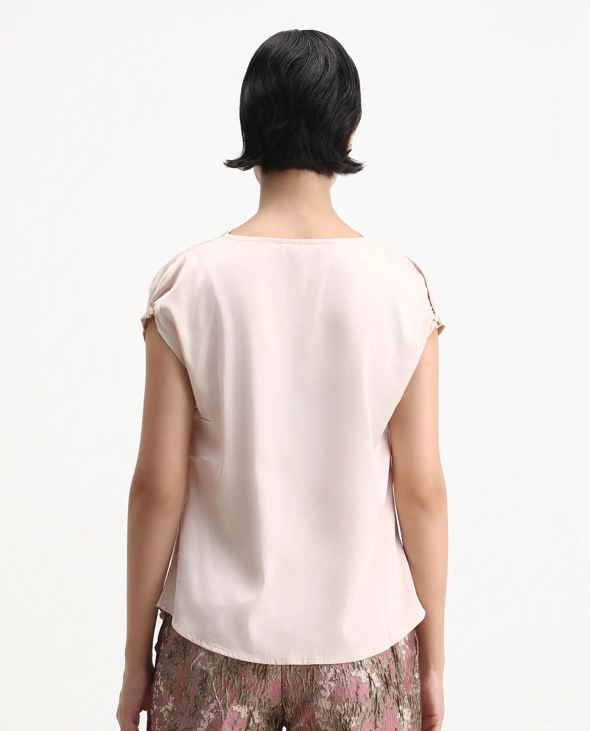 Rareism Women's Hawter Beige Polyester Cowl Neck Plain Cap Sleeve Regular Fit Top