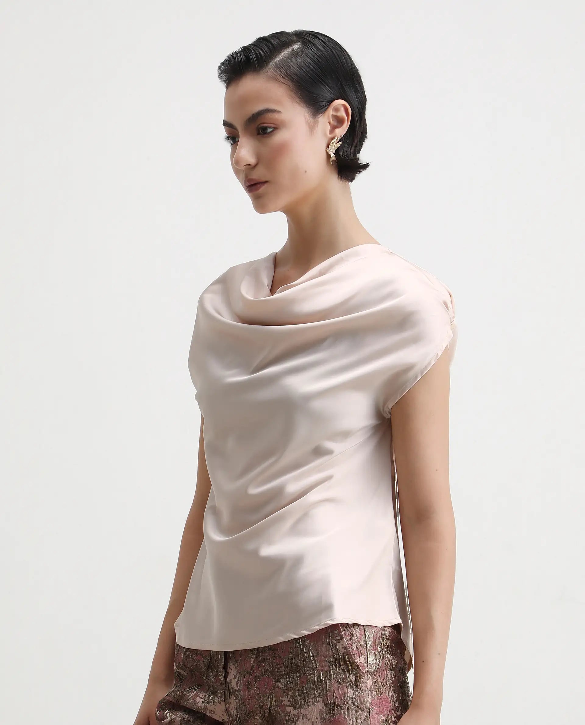 Rareism Women's Hawter Beige Polyester Cowl Neck Plain Cap Sleeve Regular Fit Top