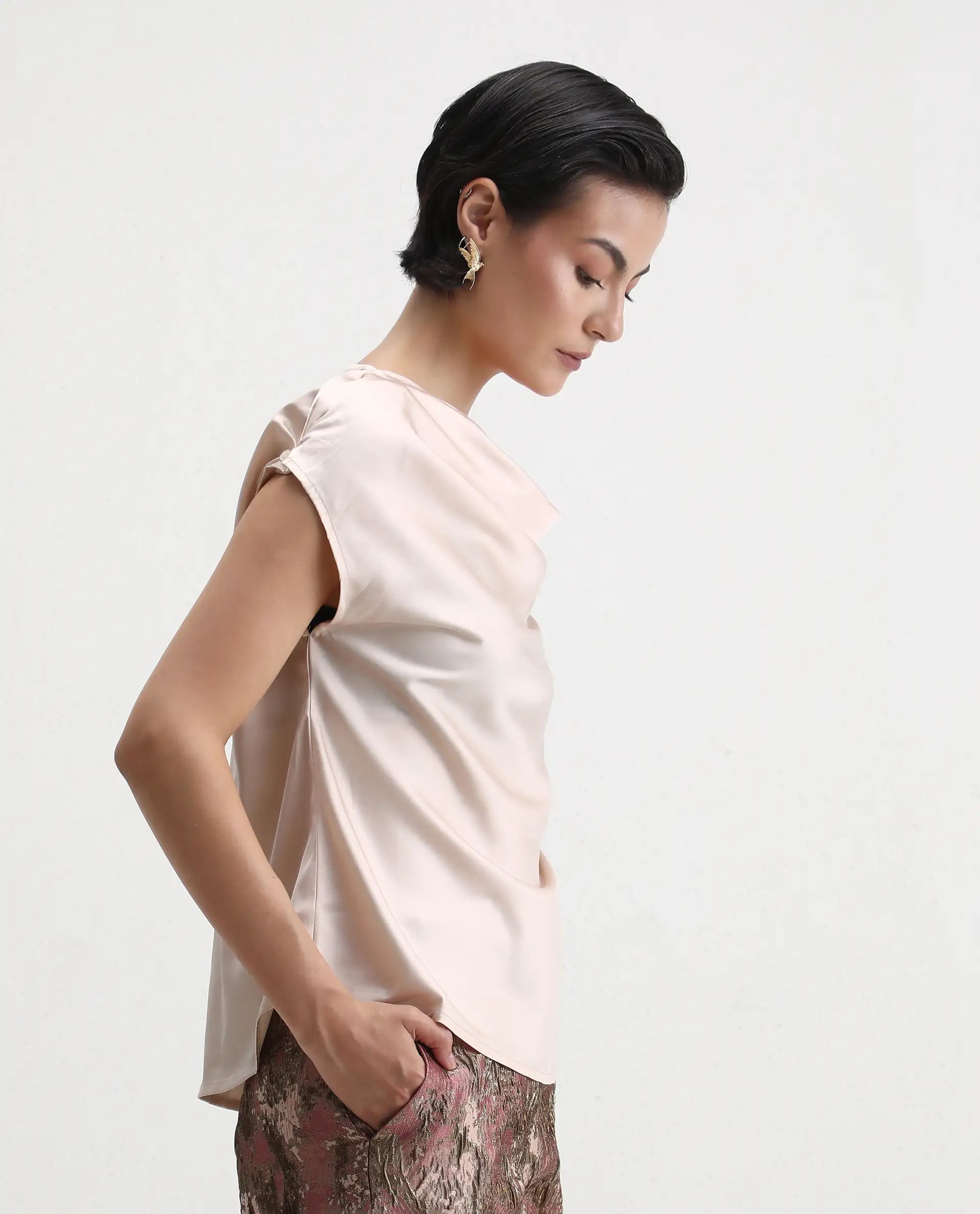 Rareism Women's Hawter Beige Polyester Cowl Neck Plain Cap Sleeve Regular Fit Top